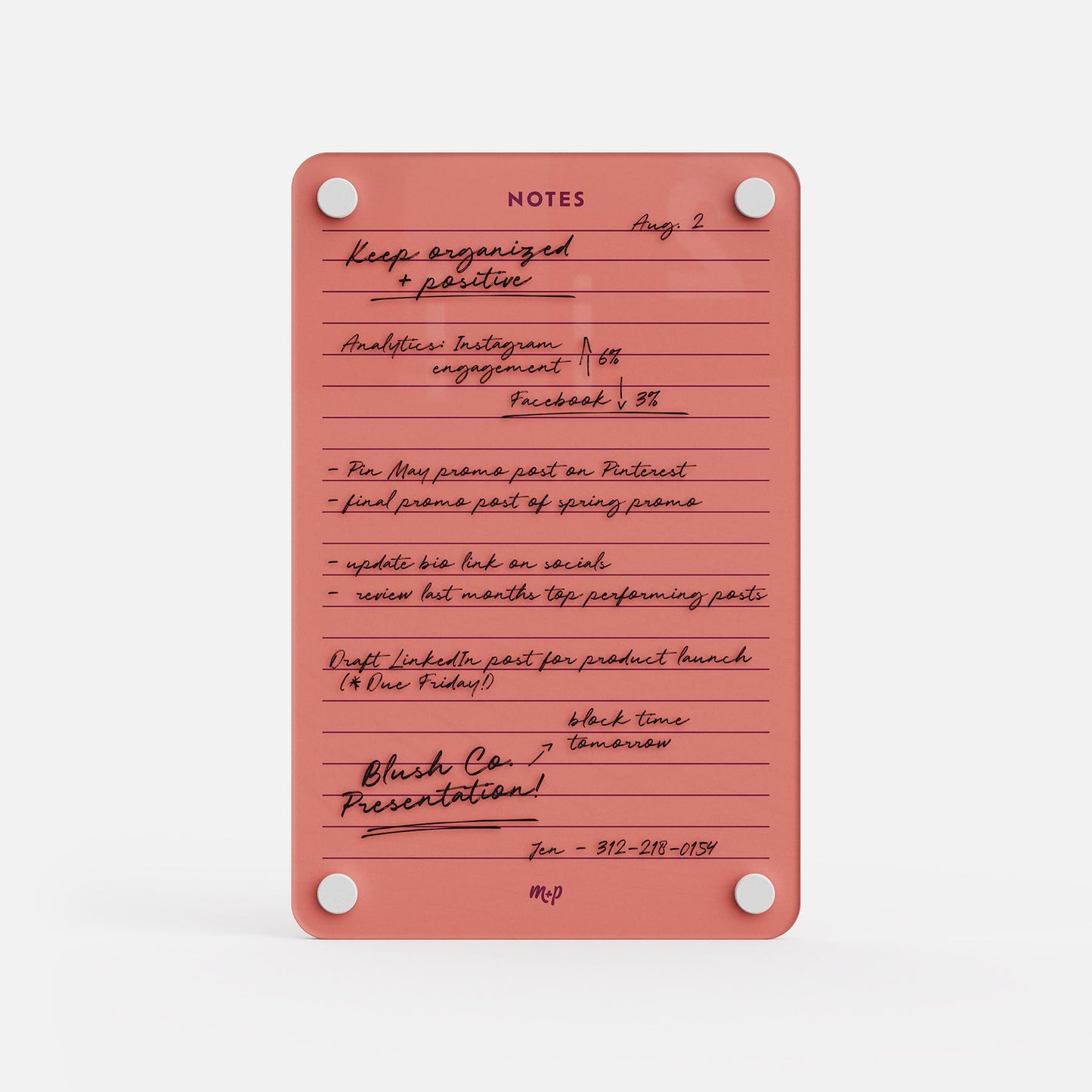 The Lined Notes 69 is a pink notepad with white corner screws, featuring handwritten lists on social media tasks, content updates, and a presentation reminder. The organized notes are dated Aug 2.