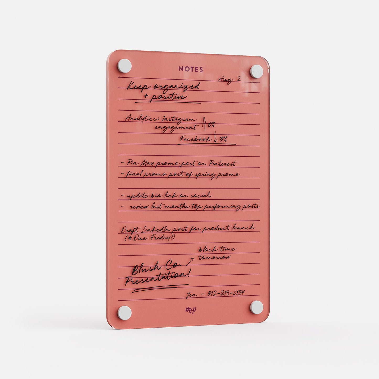 The Lined Notes 69 is a pink acrylic planning board featuring handwritten black marker task lists, secured by four round white magnets at each corner. Standing upright against a white background, it's ideal for effortless organization.