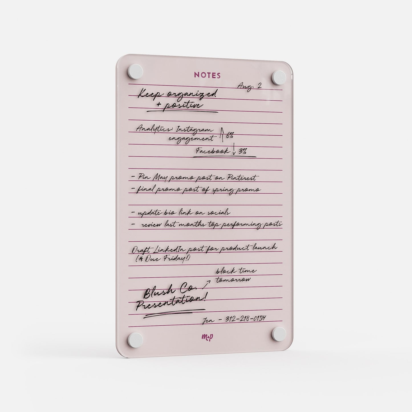 Lined Notes 69 is a pink notepad with handwritten notes and a NOTES header, perfect for planning tasks, reminders, social media plans, deadlines, and phone numbers. Stay organized with four round magnets that keep everything in place.
