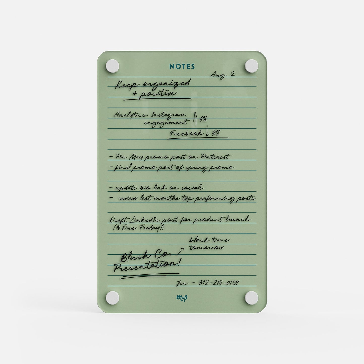 This premium acrylic erasable and reusable board in green displays notes on social media tracking, planning, and presentations.