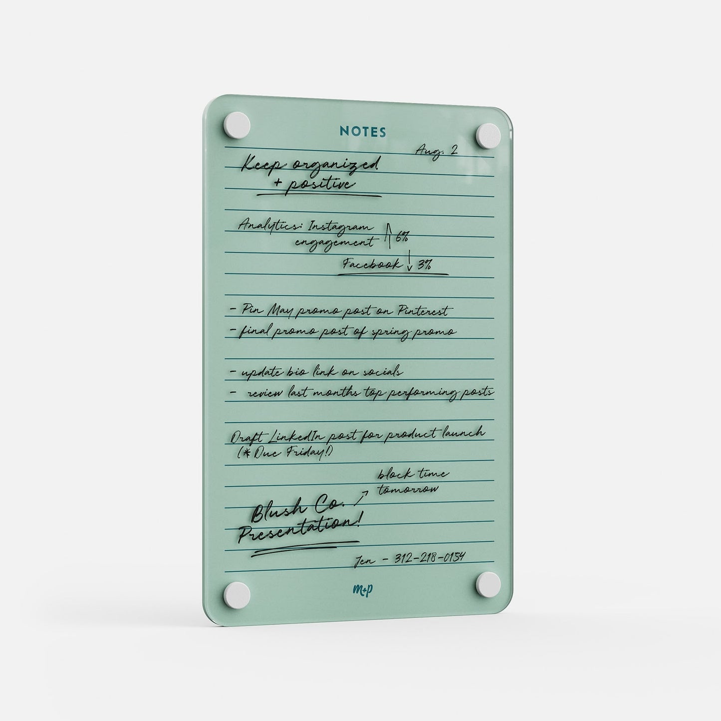 Premium acrylic erasable and reusable NOTES board with lined layout, ideal for task lists and analytics, secured by four round magnets.
