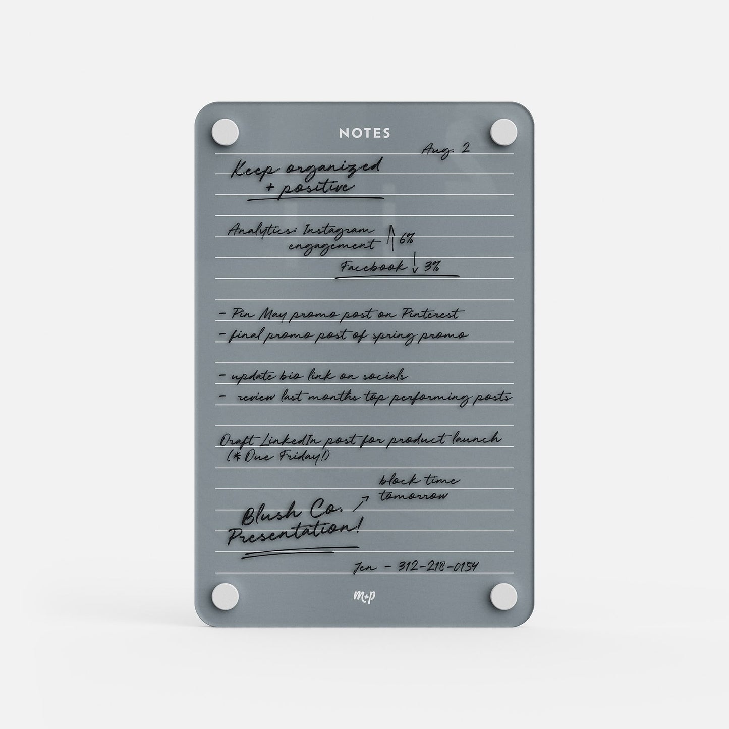The Monkey and Pebbles Lined Notes 69 is a premium gray acrylic board, erasable and reusable for planning lists and schedules in black ink.