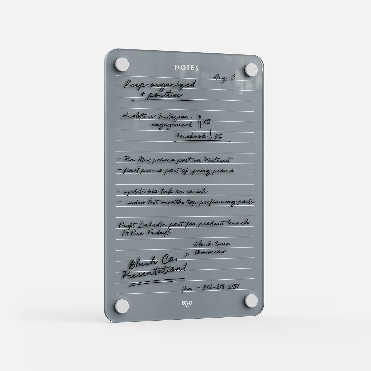 Premium acrylic planning board with four rounded corners, erasable and reusable, perfect for tracking projects and social analytics.