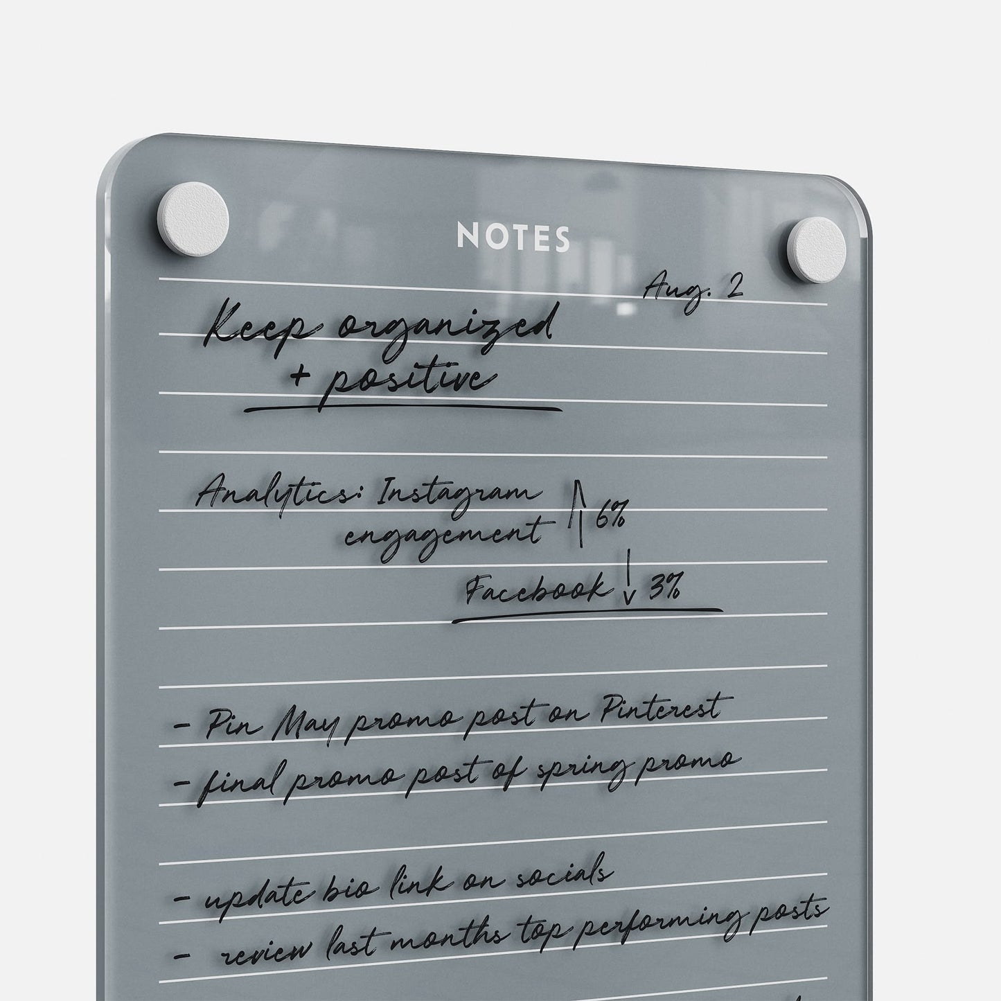 Premium acrylic erasable and reusable planner board with magnetic corners, showing social analytics and task notes in neat handwriting.