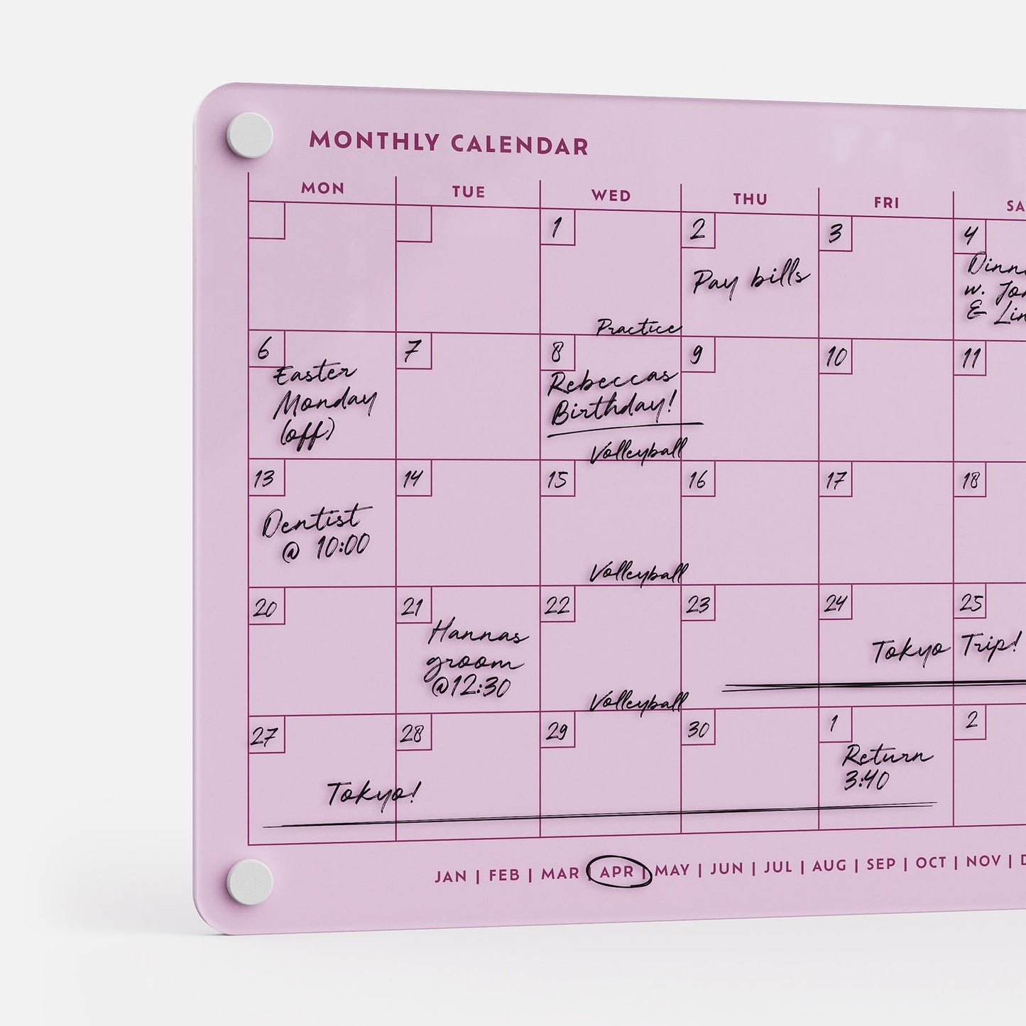 The Monthly Calendar 118, a pink dry-erase planner for April, is wall-mounted and displays handwritten notes like “Rehearsing Birthday!”, “Dentist @ 10:00,” “Pay bills,” “Tokyo Trip!,” and “Volleyball.” Ideal for compact family organizing.
