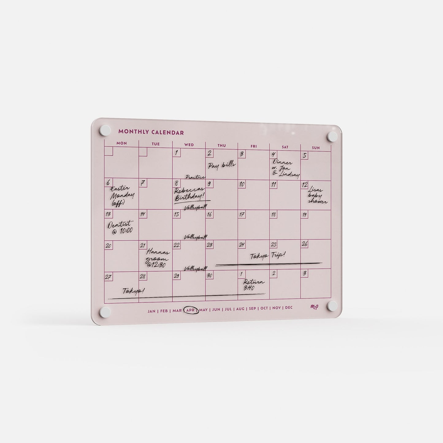 The Monthly Calendar 118 by Monkey and Pebbles is a premium pink acrylic erasable board with reusable monthly layout and secure corners.