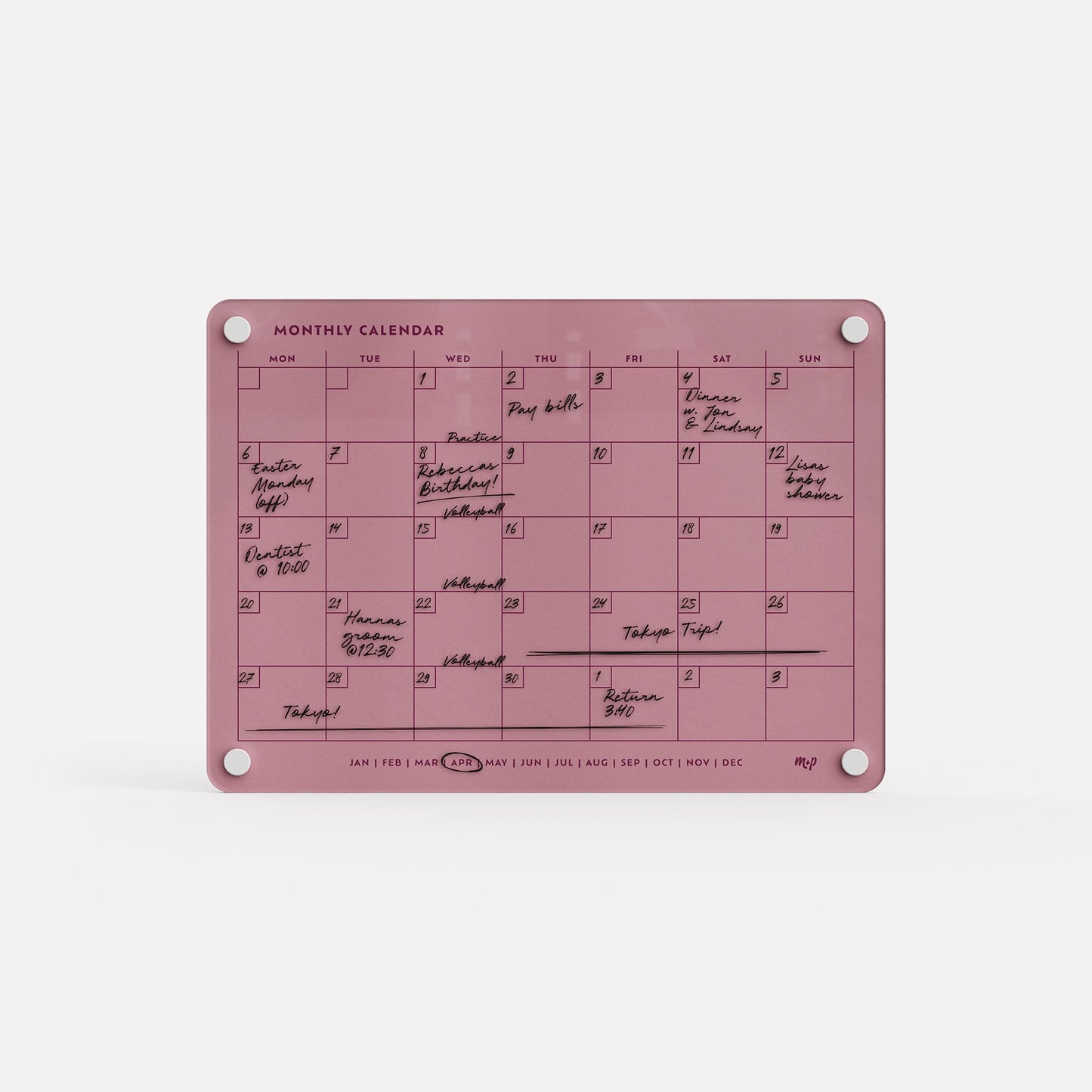 The Monkey and Pebbles Monthly Calendar 118 is a premium pink acrylic erasable, reusable planner with all days and easy-mount holes.