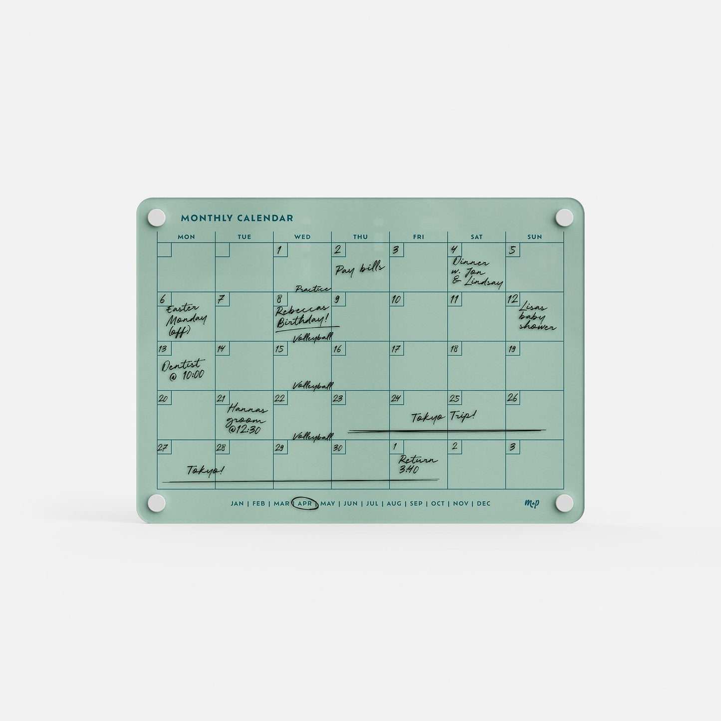The Monthly Calendar 118 is a seafoam green, compact planner with handwritten notes for meetings, concerts, and classes. It has days of the week labeled at the top and four round corner holes—ideal as a stylish family organizer.