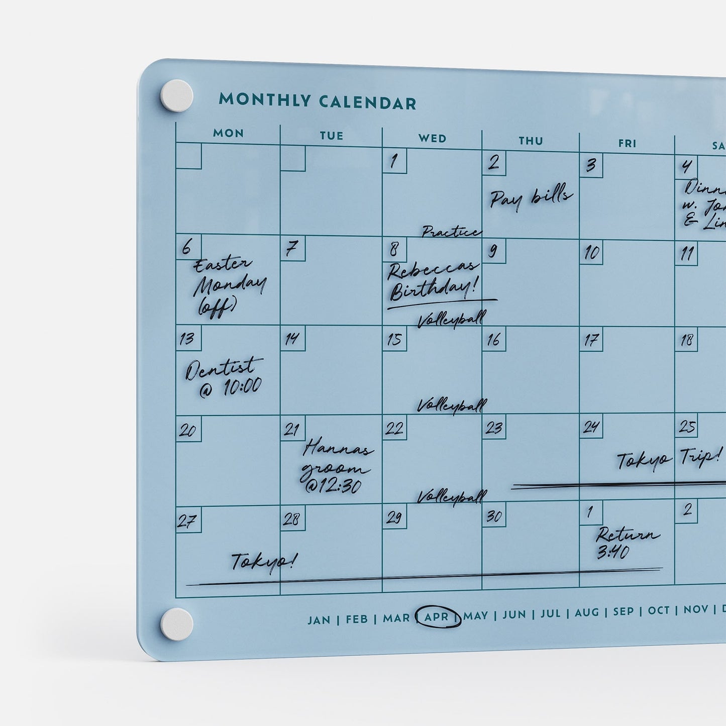 The Monthly Calendar 118 is a compact blue dry-erase planner filled with handwritten reminders—Easter Monday, Dentist @ 10:00, Tokyo Trip!, rehearsals, volleyball games—all in black marker.