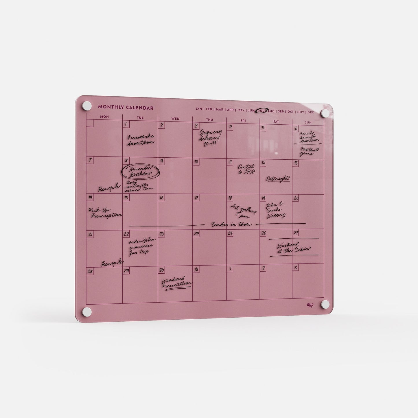 Premium acrylic monthly planner board in pink, erasable and reusable, with four corner holes, black handwriting, and circled dates.