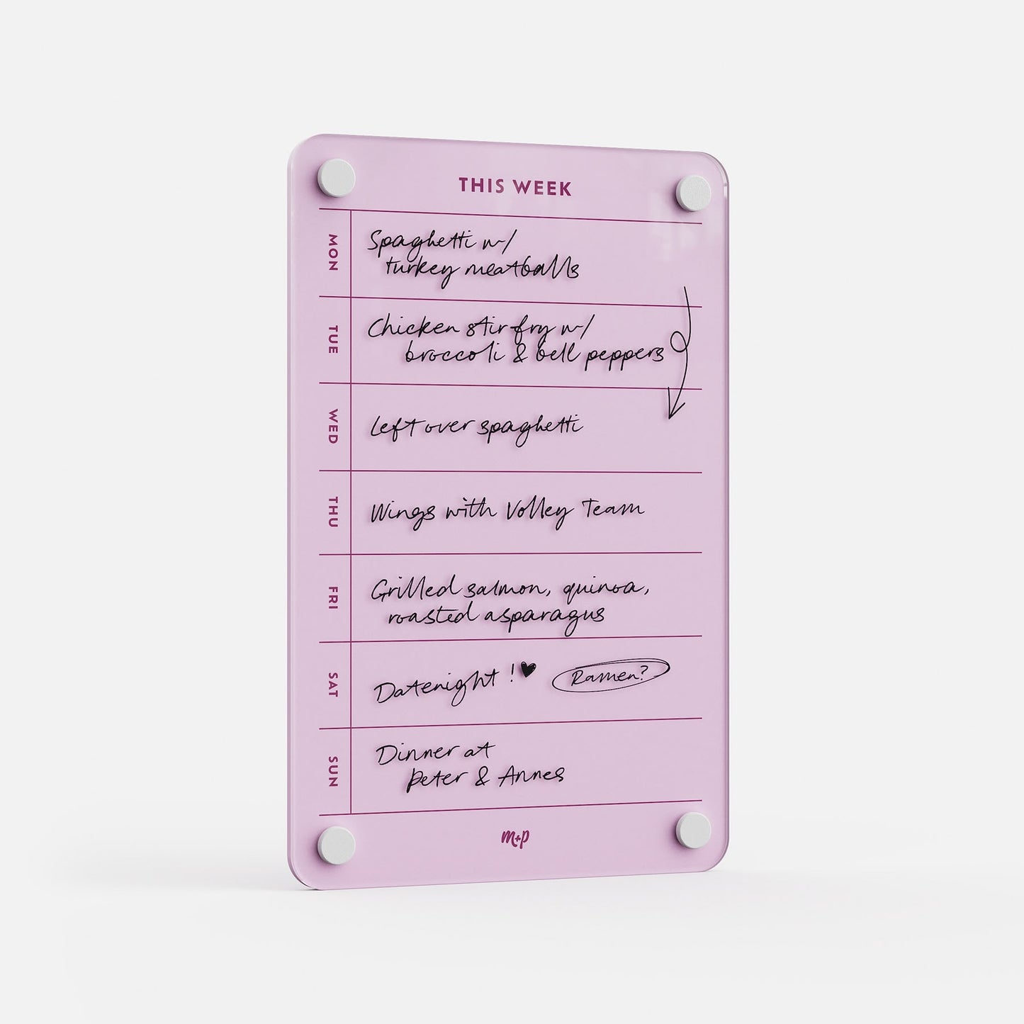 This Week 69 is a pink weekly organizer board with handwritten meal plans like spaghetti, chicken stir fry, wings, salmon, and dinner at Peter & Anne’s. Features doodles and crossed-out items. Ideal as a meal planner or appointment tracker.