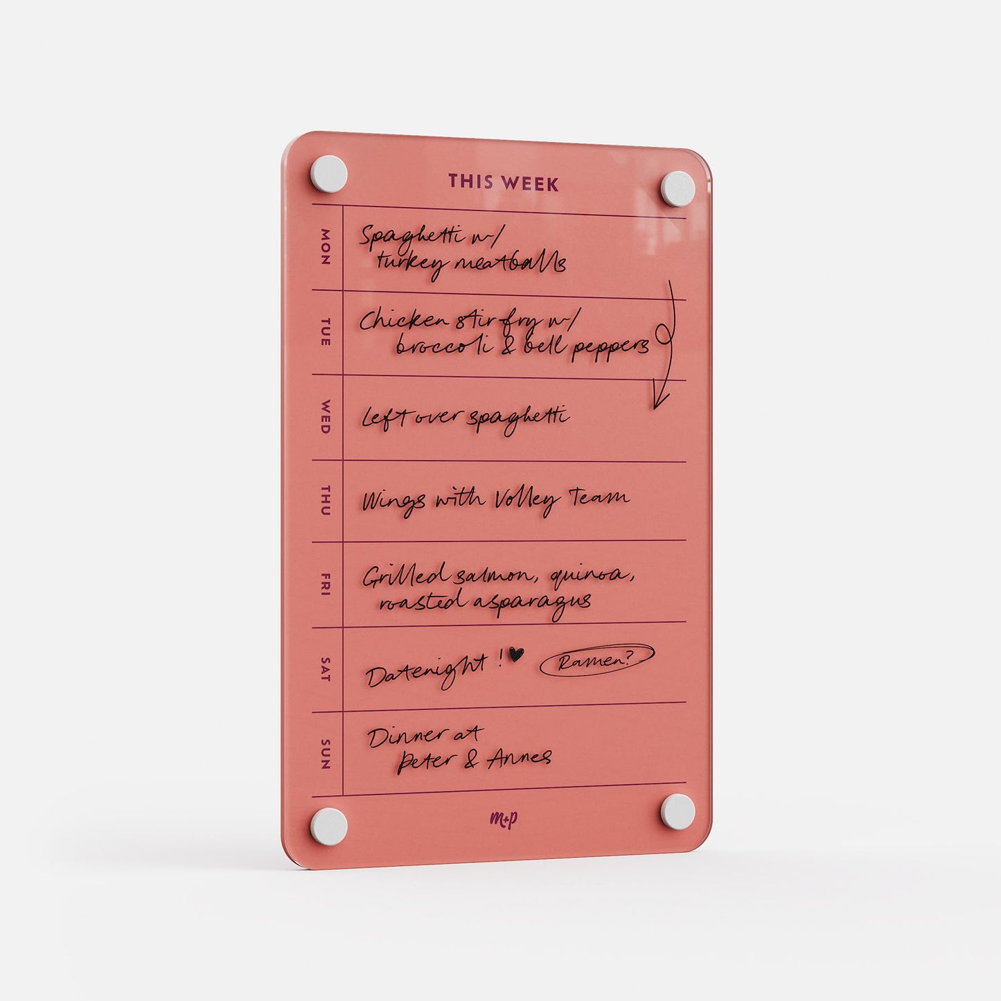 This Week 69 is a pink weekly meal planner and organizer with handwritten black ink meal plans like spaghetti, chicken stir fry, wings, grilled salmon, date night, and dinner at Peter & Annas—perfect for organizing your week.