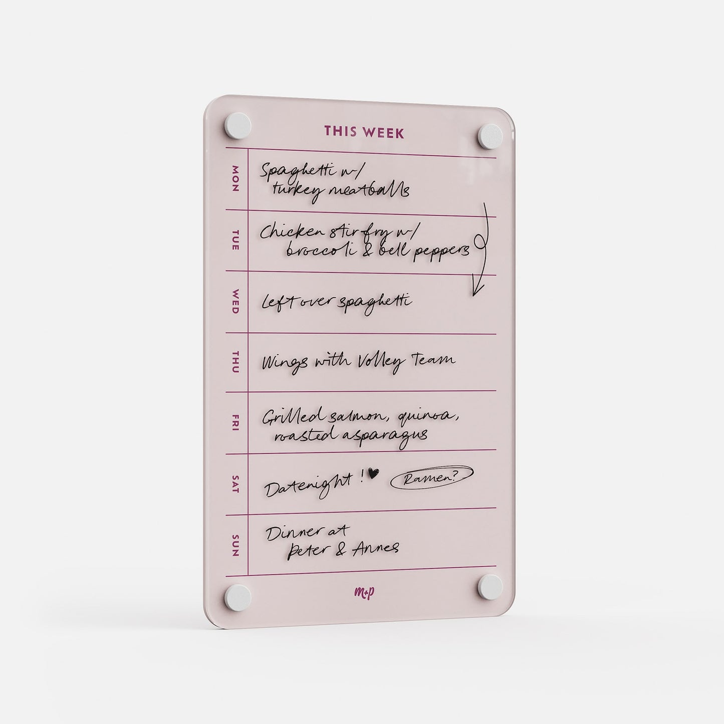 The "This Week 69" is a pink acrylic meal planner displaying handwritten weekly meals—spaghetti with turkey meatballs, chicken stir fry, wings, grilled salmon, dinner out, and date night—vertically with labeled days for easy organization.