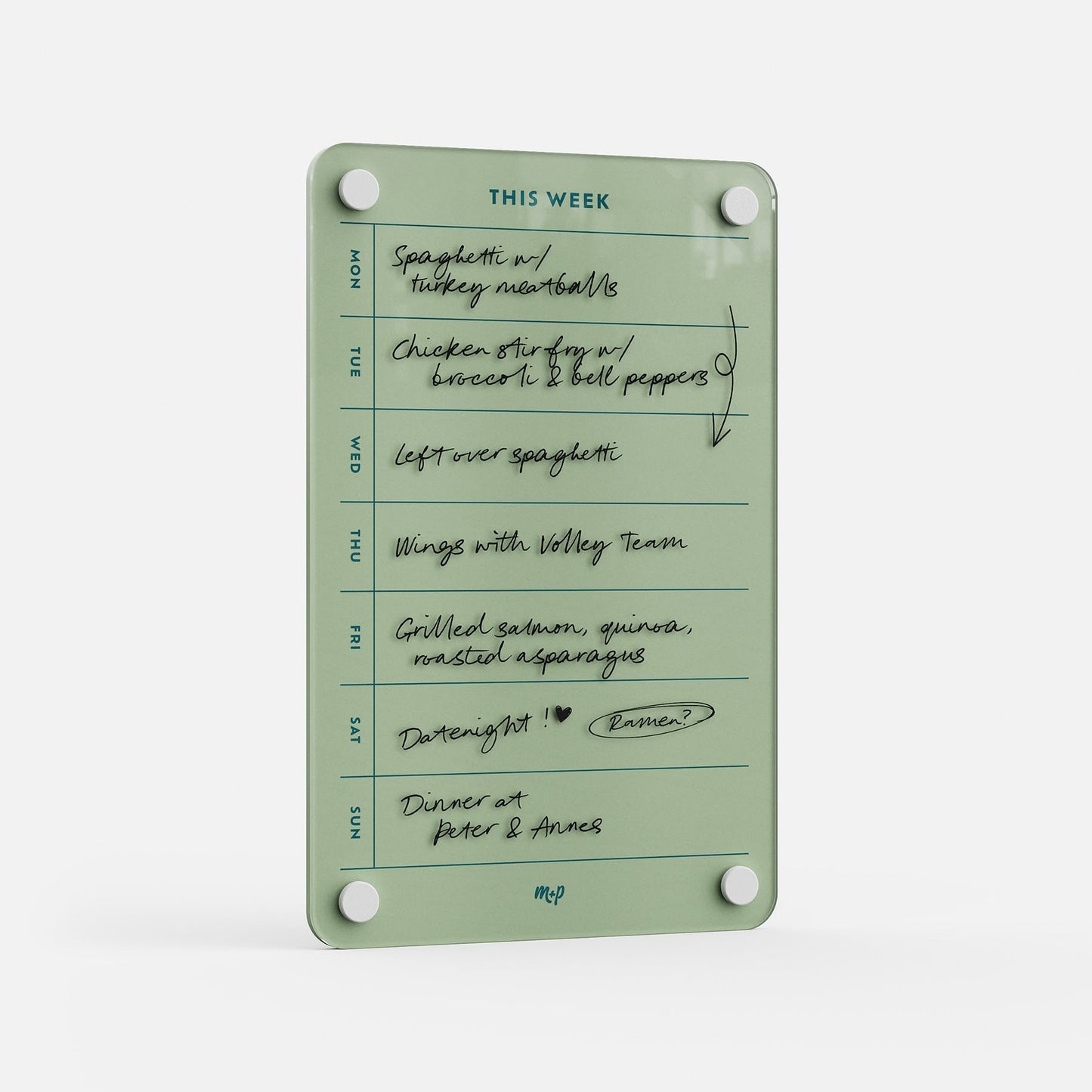 This Week 69 is a green weekly meal planner featuring handwritten meals like spaghetti, chicken stir fry, and dinner at Peter & Anna’s. The organizer is labeled “THIS WEEK” at the top for easy planning.