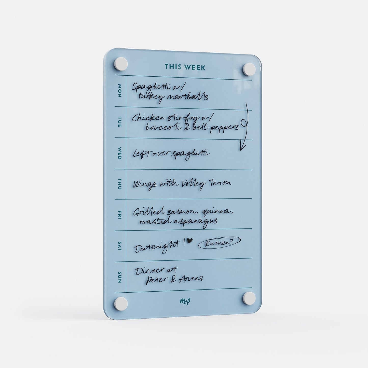 The "This Week 69" blue weekly meal planner board features handwritten notes for each day, with meals like spaghetti, chicken stir fry, wings, grilled salmon, and dinner at a friend's. Days are listed vertically on the left.
