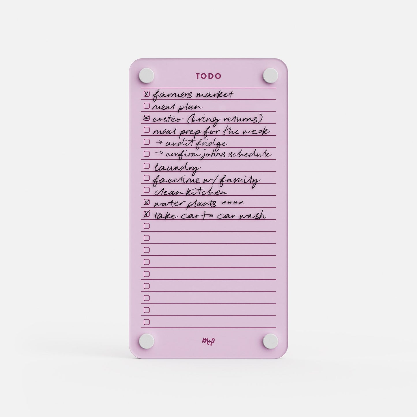Todo List 59 is a pink magnetic daily organizer featuring handwritten tasks—farmers market, meal plan, laundry, water plants, and car wash—with some checkboxes marked off while others are yet to be completed.