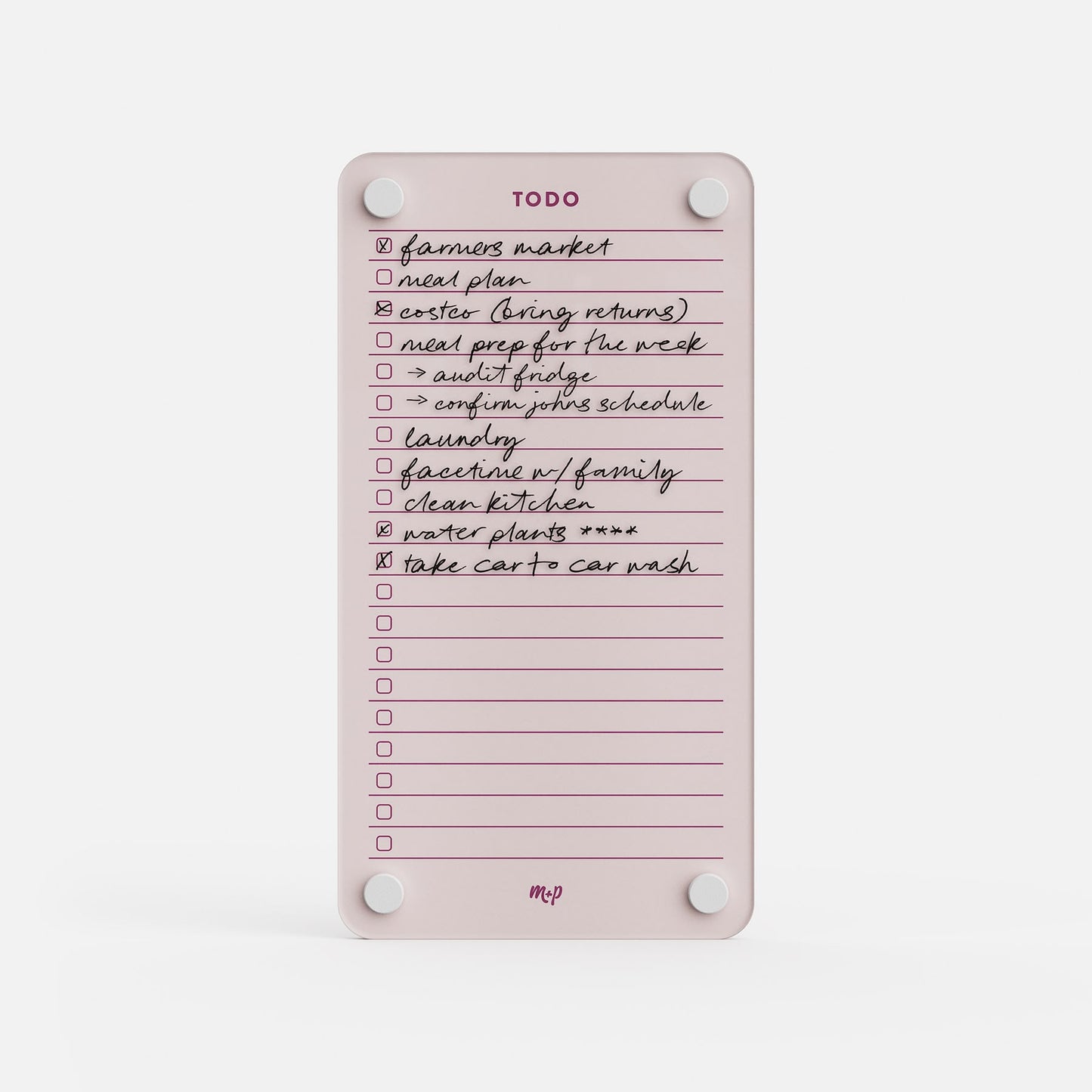 The Todo List 59 is a pink magnetic daily organizer featuring ten handwritten tasks (seven completed), such as visiting the farmers market, meal planning, laundry, watering plants, and a car wash—ideal for effective task management.