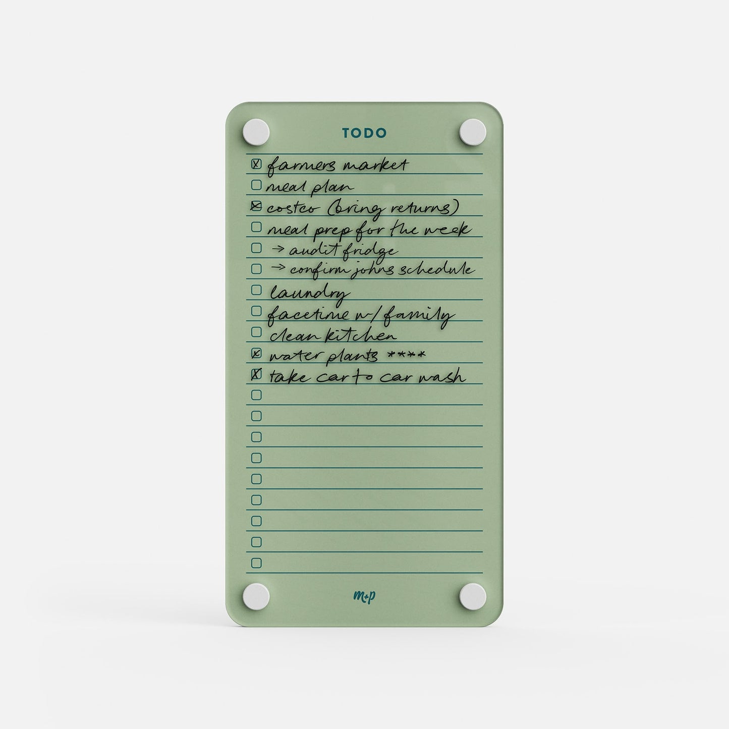 Todo List 59 is a green board featuring handwritten tasks like farmers market, meal plan, Easter, laundry, clean kitchen, water plants, and car wash—designed for easy task management.