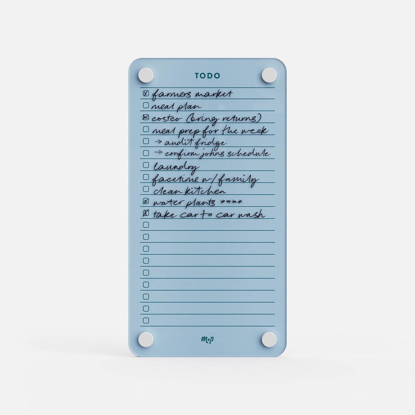 Todo List 59 is a blue magnetic daily organizer featuring handwritten tasks like farmers market, meal plan, Easter returns, and laundry. Some items are checked off on this handy to-do board for easy task management.