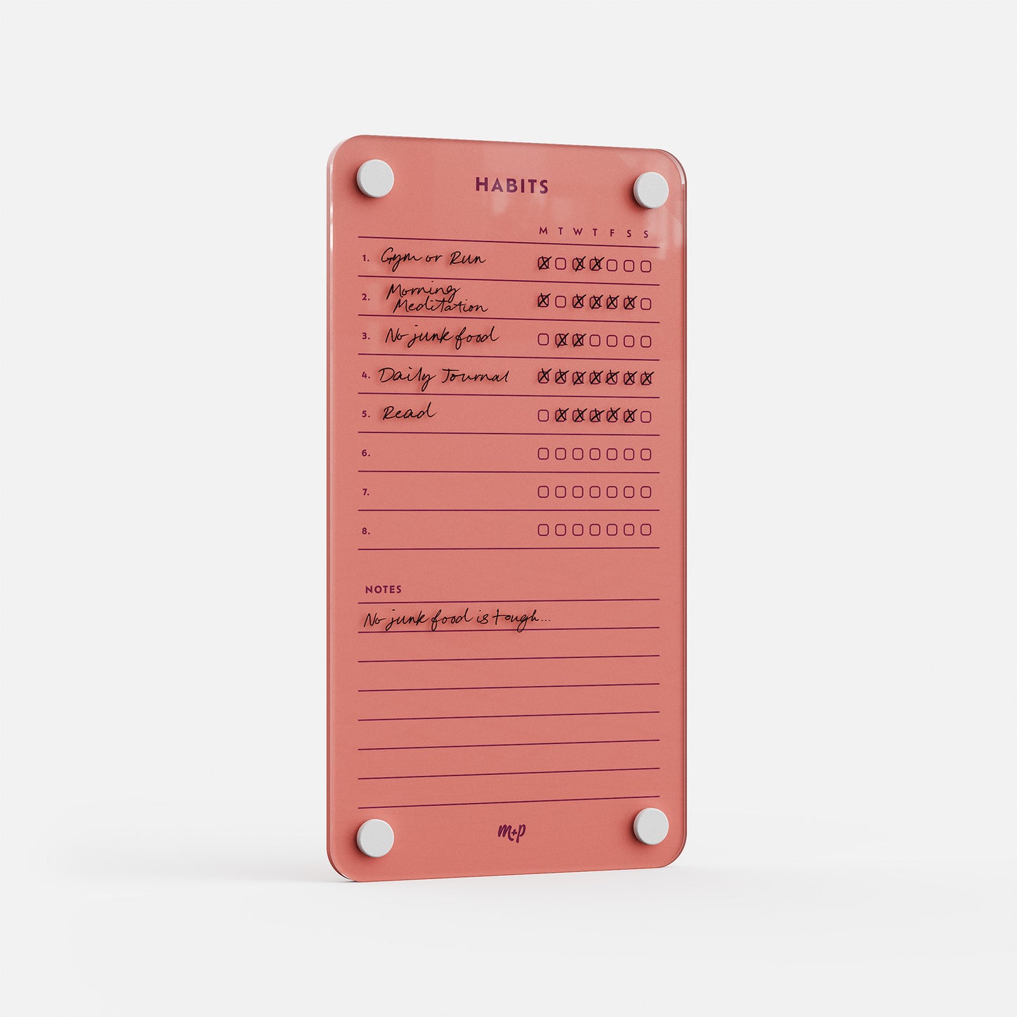 The Weekly Habits 59 is a pink habit tracker board listing five daily habits with weekly checkboxes—some ticked. Habits include Gym or Run, Morning Meditation, No junk food, Daily Journal, and Read. Note: No junk food is tough. Perfect for goal boards!.