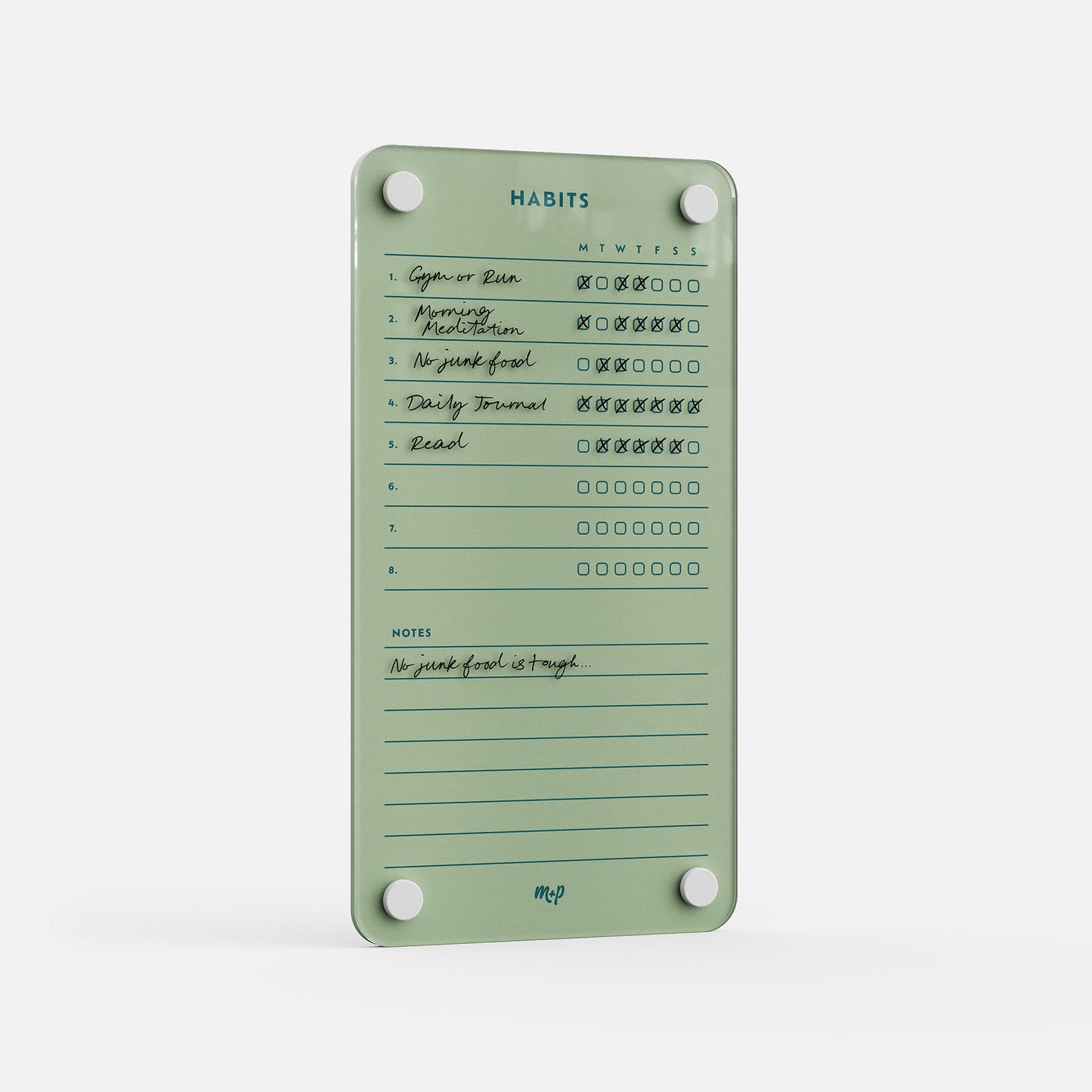 Premium acrylic, erasable, reusable Weekly Habits board tracks daily goals with handwritten habits, checkboxes, and motivational notes.