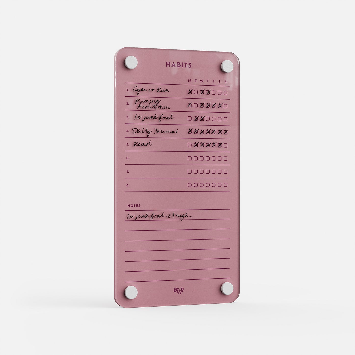 Weekly Habits 59: A pink habit tracker with checkboxes for Gym or Run, Morning Meditation, No junk food, Daily Journal, and Read—perfect for your goal board. The notes section reads: "No junk food is tough.