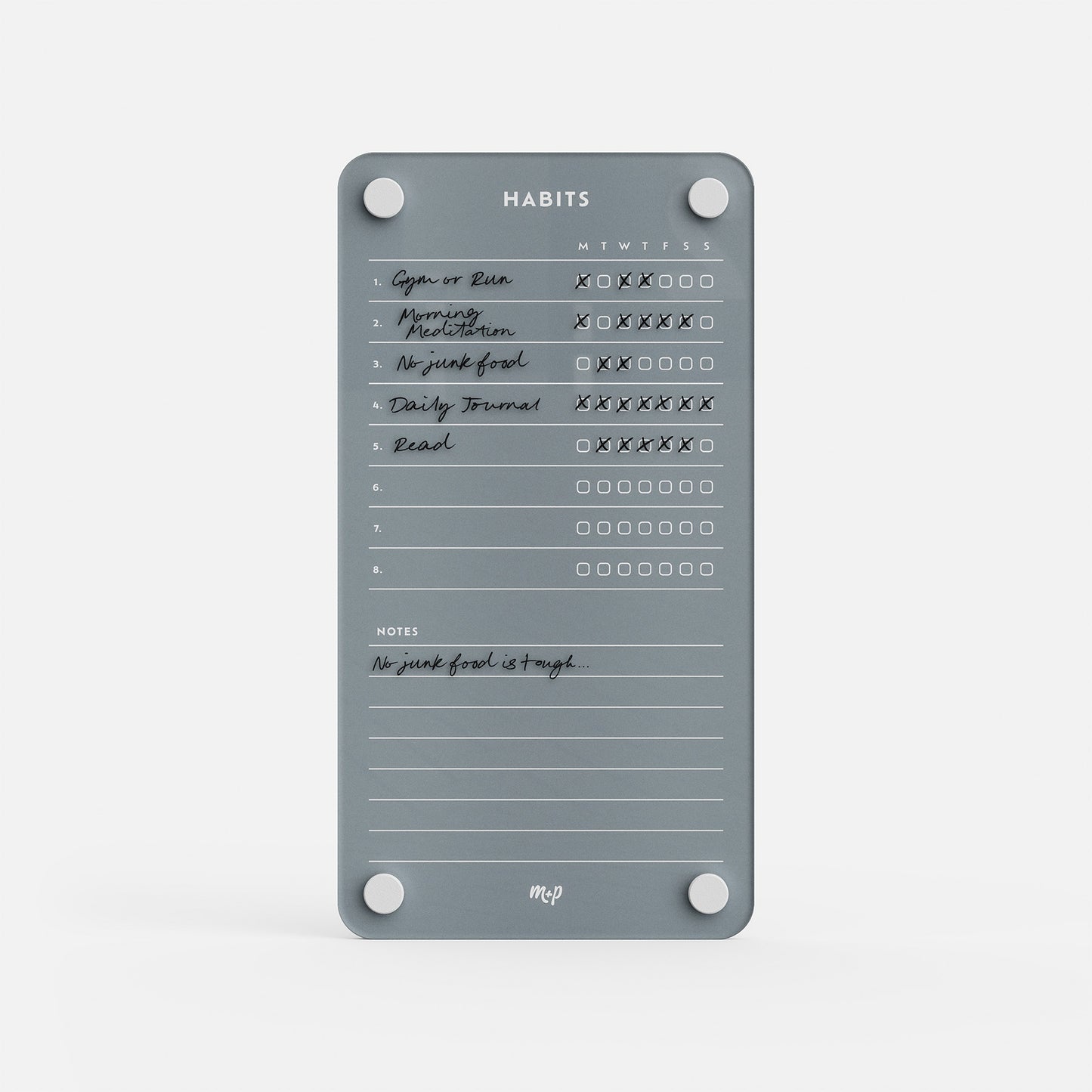 Weekly Habits 59 is a gray magnetic habit tracker for daily routines, featuring handwritten goals like Gym, Morning Meditation, and No junk food. Track your progress and keep habits on course with this stylish board.