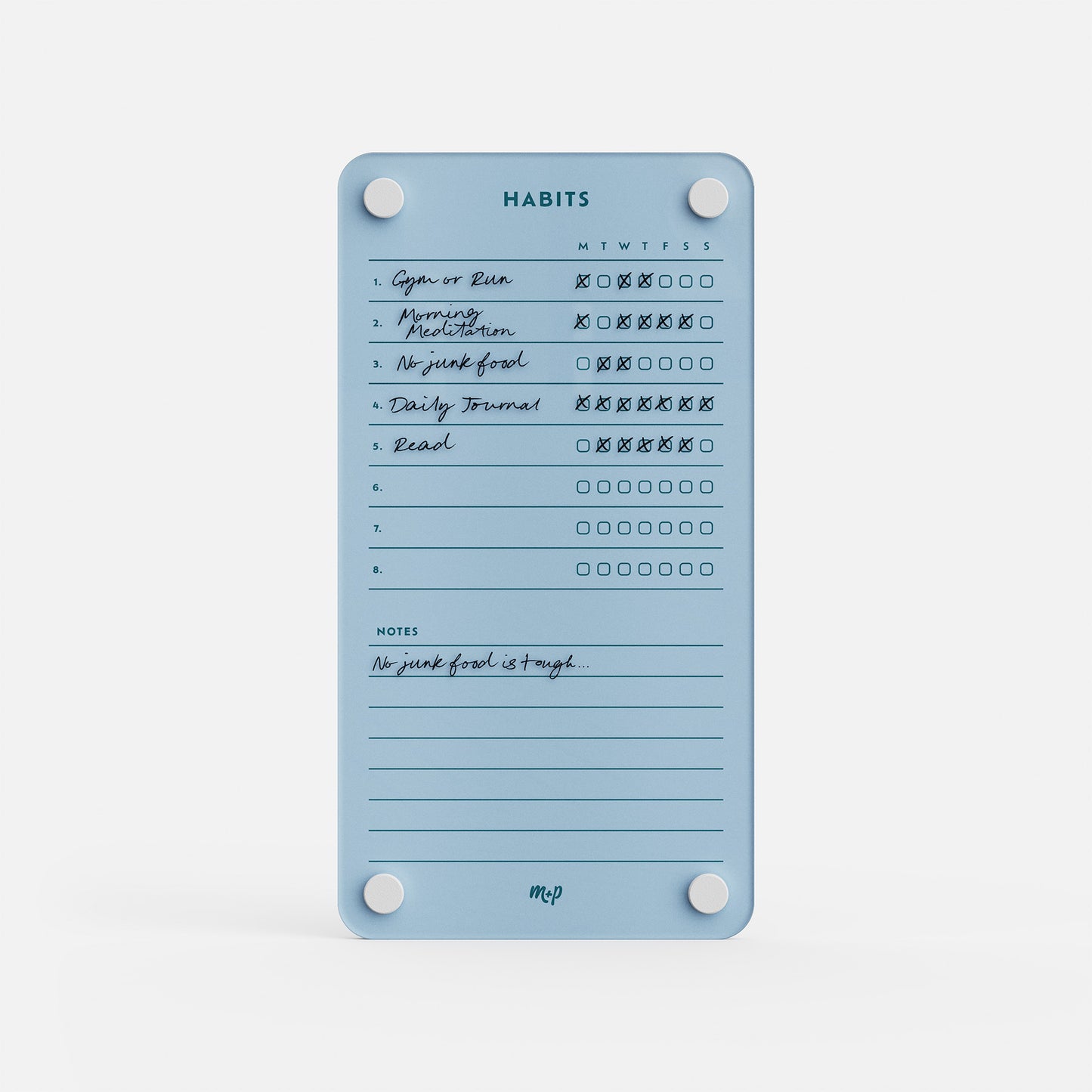 The Monkey and Pebbles Weekly Habits 59 is a premium blue acrylic magnetic habit tracker with erasable, reusable checkboxes for daily goals.