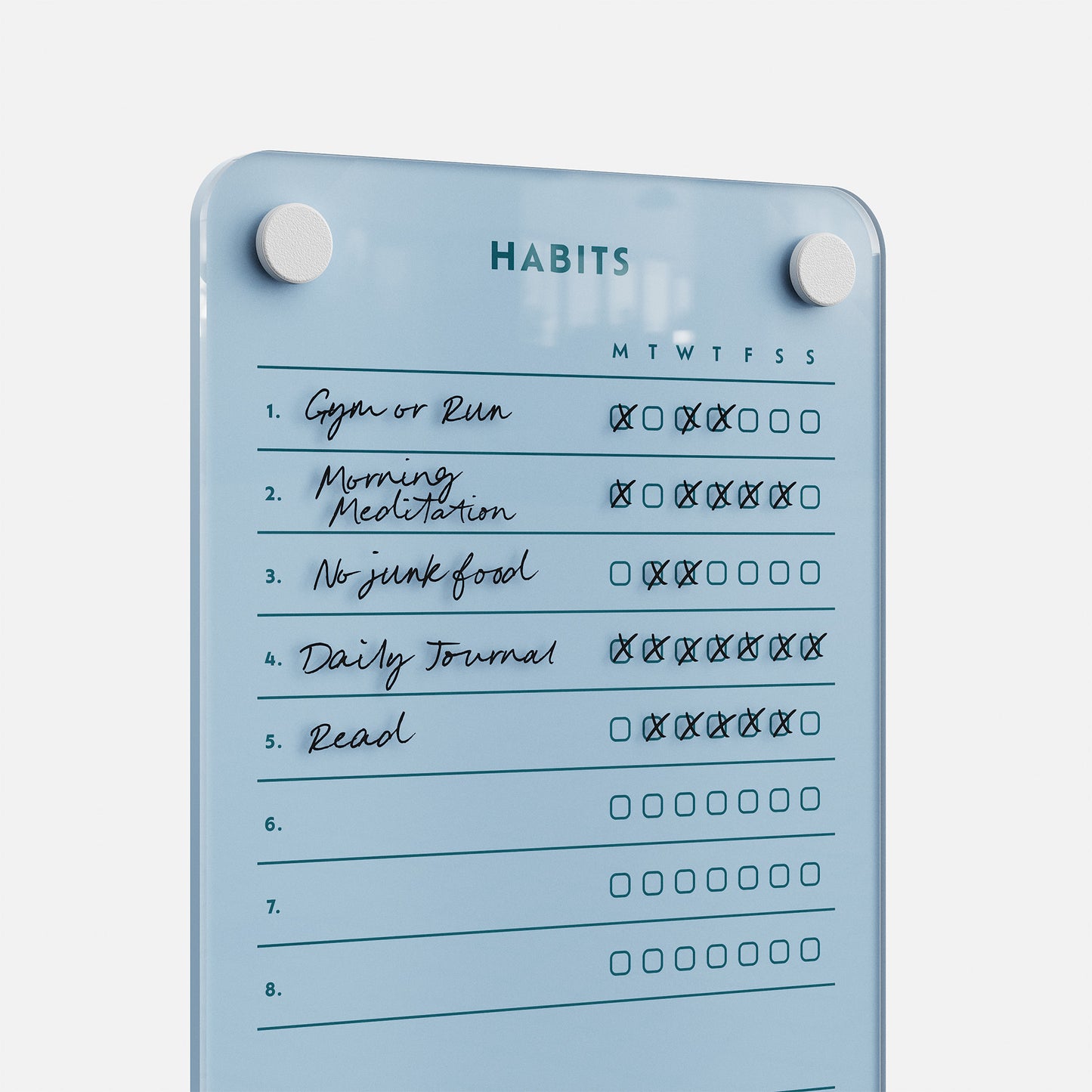 Premium acrylic erasable and reusable habits board in blue with “HABITS” at top, 5 goals tracked, magnets hold the planner.