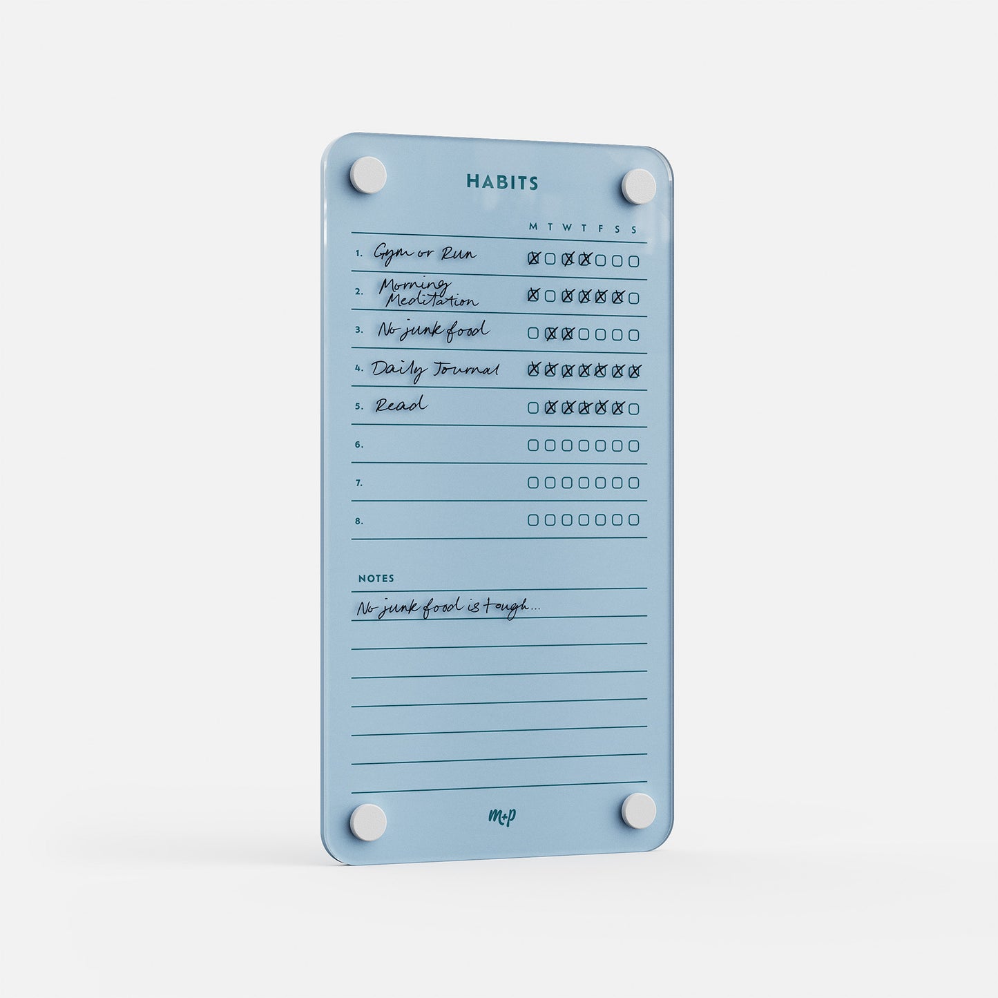 Premium acrylic erasable and reusable Weekly Habits 59 tracker with checkboxes, a notes section, and four white magnets for goals.