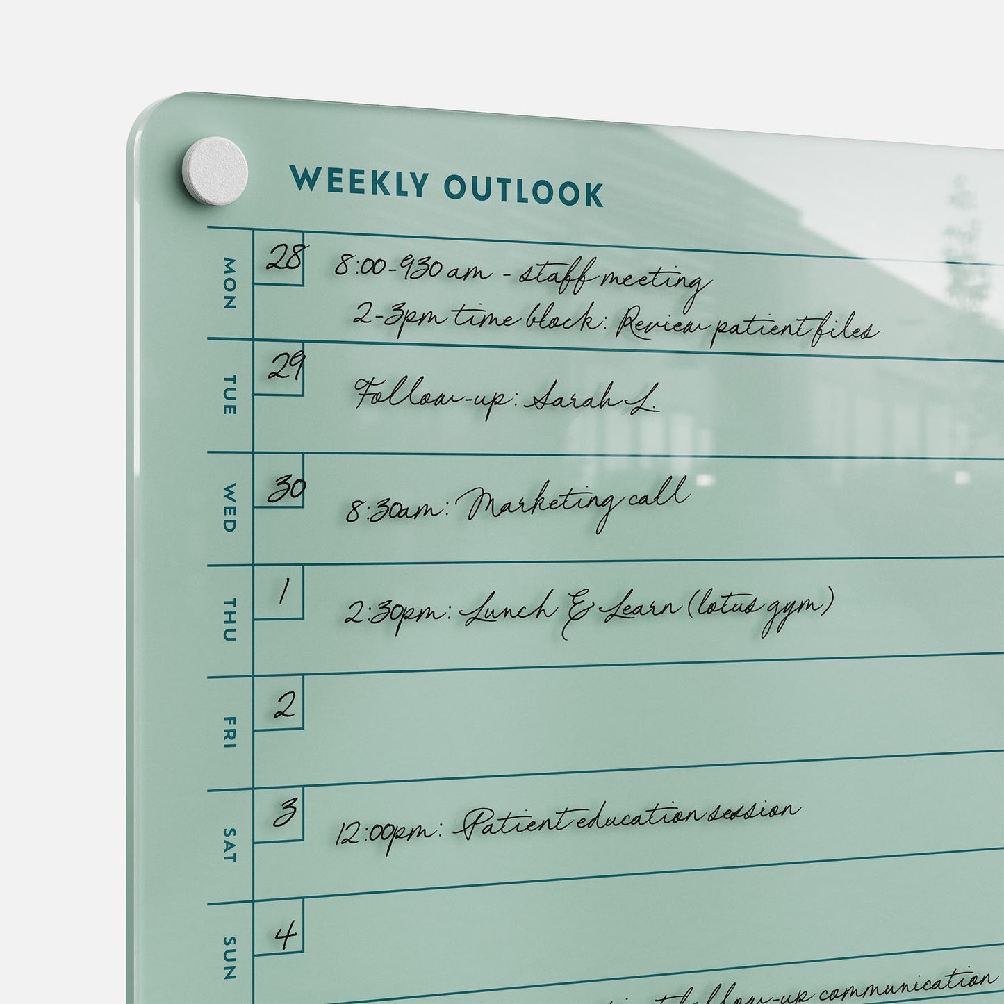 The Weekly Outlook 811 glass dry-erase board helps organize your week by displaying a template for handwritten events like staff meetings, marketing calls, and patient education sessions.