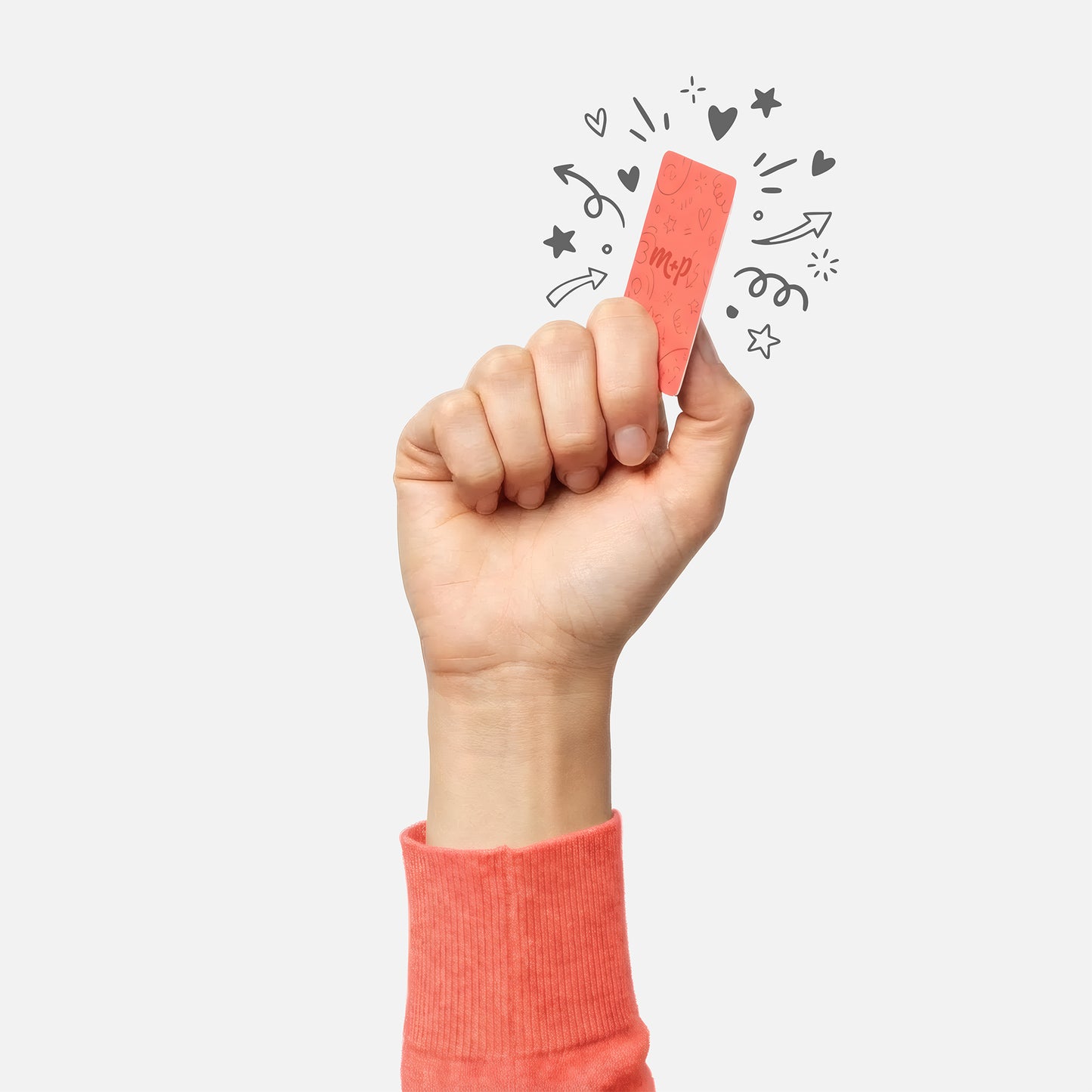 A hand in a coral sleeve holds a red paper slip with “Jump,” surrounded by doodles—premium acrylic erasable, reusable board inspo.