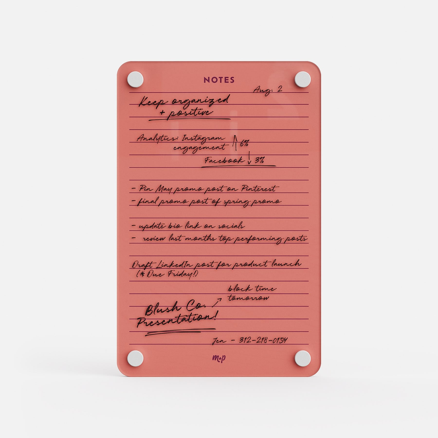 The Lined Notes 69 is a pink notepad with white corner screws, featuring handwritten lists on social media tasks, content updates, and a presentation reminder. The organized notes are dated Aug 2.