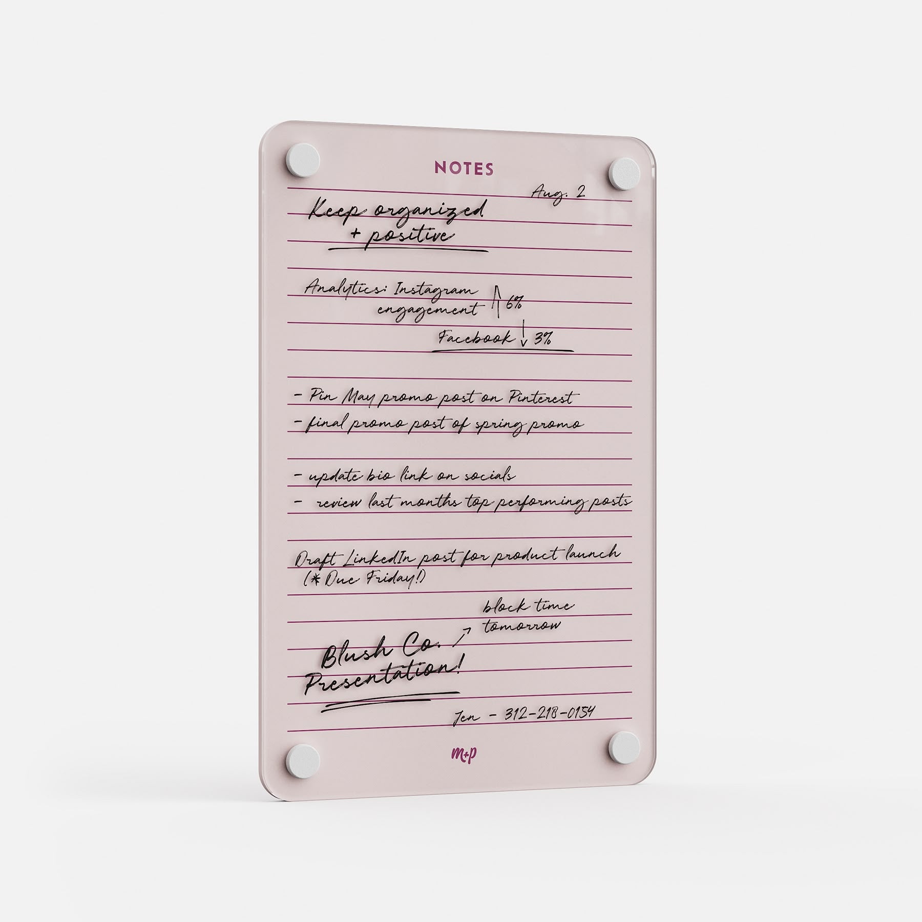 Lined Notes 69 is a pink notepad with handwritten notes and a NOTES header, perfect for planning tasks, reminders, social media plans, deadlines, and phone numbers. Stay organized with four round magnets that keep everything in place.