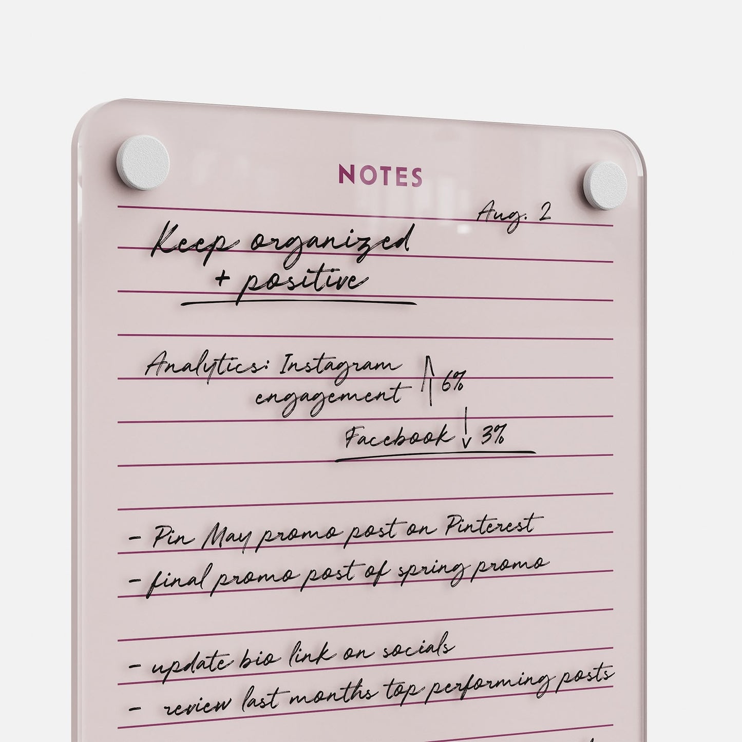 Lined Notes 69 is a pink planning board titled "Keep organized + positive," showing handwritten notes tracking Instagram analytics (up 6%) and Facebook (down 3%), plus tasks like promo posts and bio updates, dated Aug. 2.