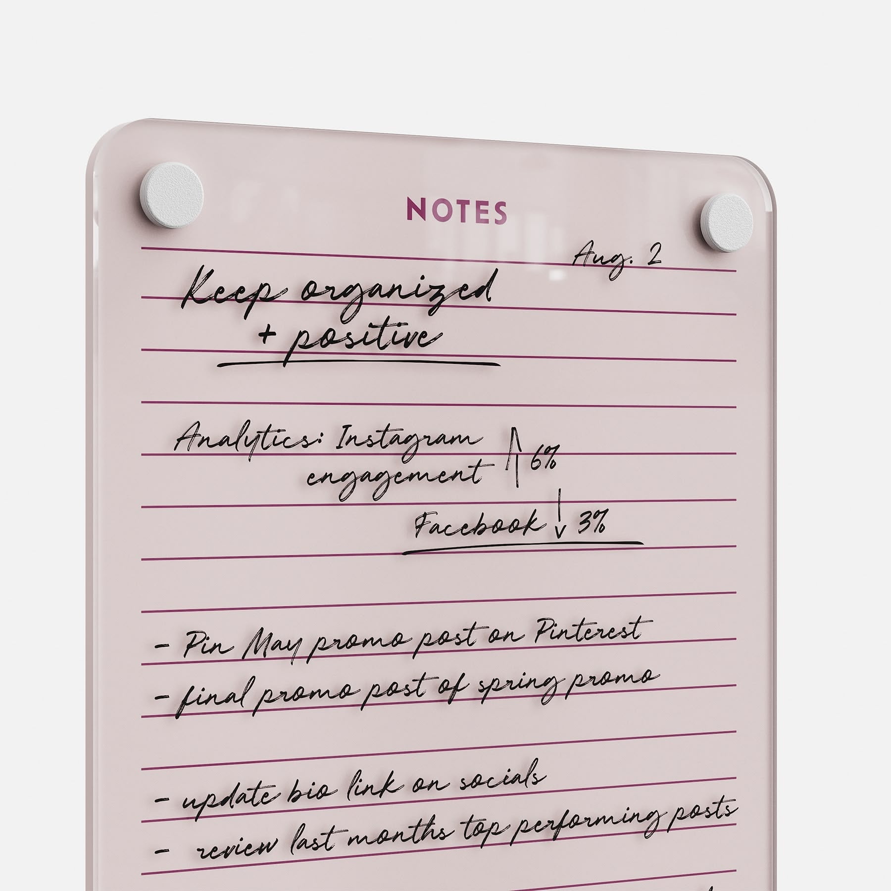 Lined Notes 69 is a pink planning board titled "Keep organized + positive," showing handwritten notes tracking Instagram analytics (up 6%) and Facebook (down 3%), plus tasks like promo posts and bio updates, dated Aug. 2.