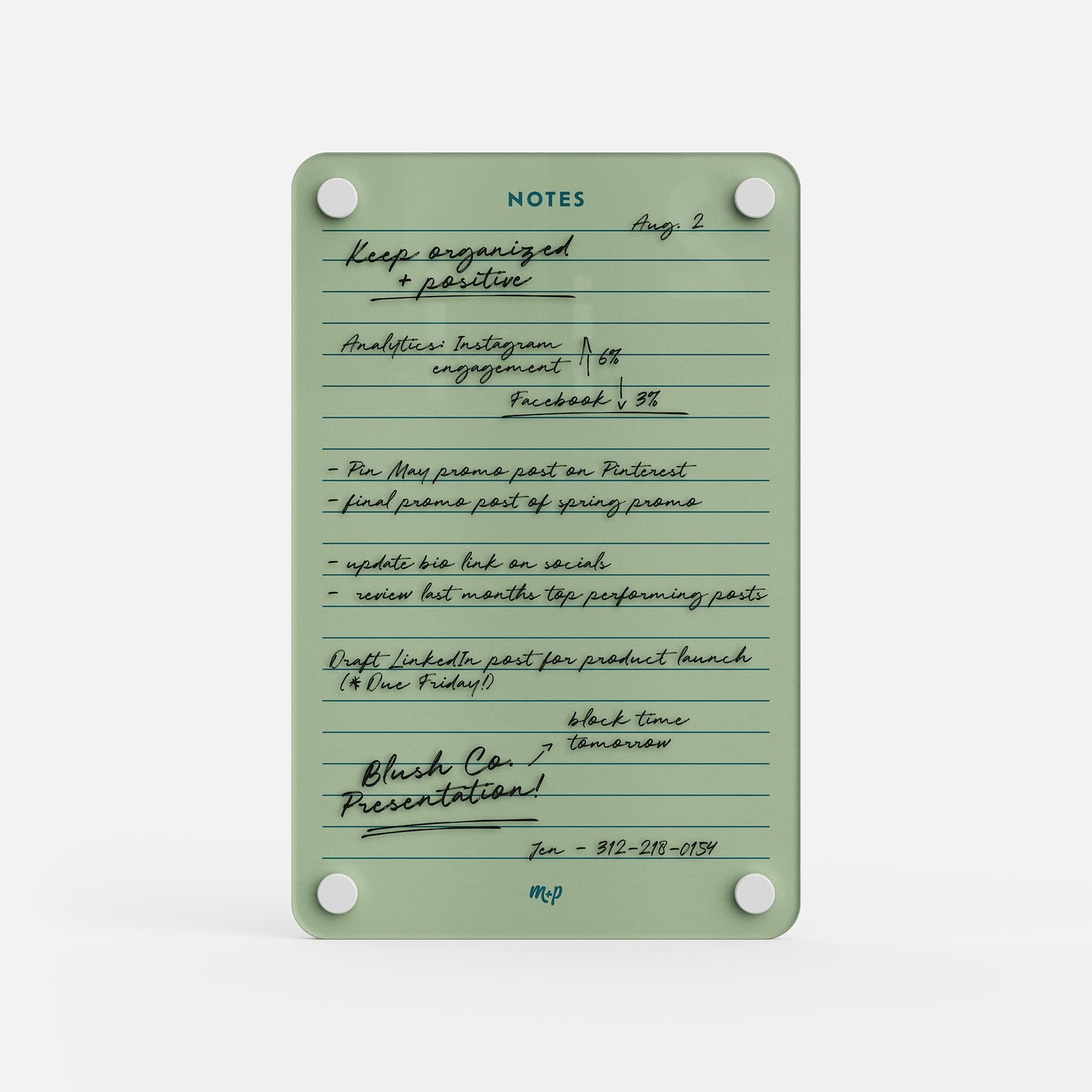 This premium acrylic erasable and reusable board in green displays notes on social media tracking, planning, and presentations.