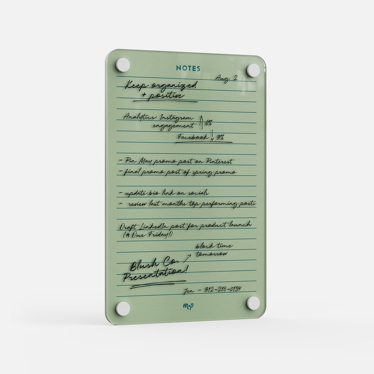 The Monkey and Pebbles Lined Notes 69 is a premium acrylic erasable green board, reusable with black marker notes, four white magnets.