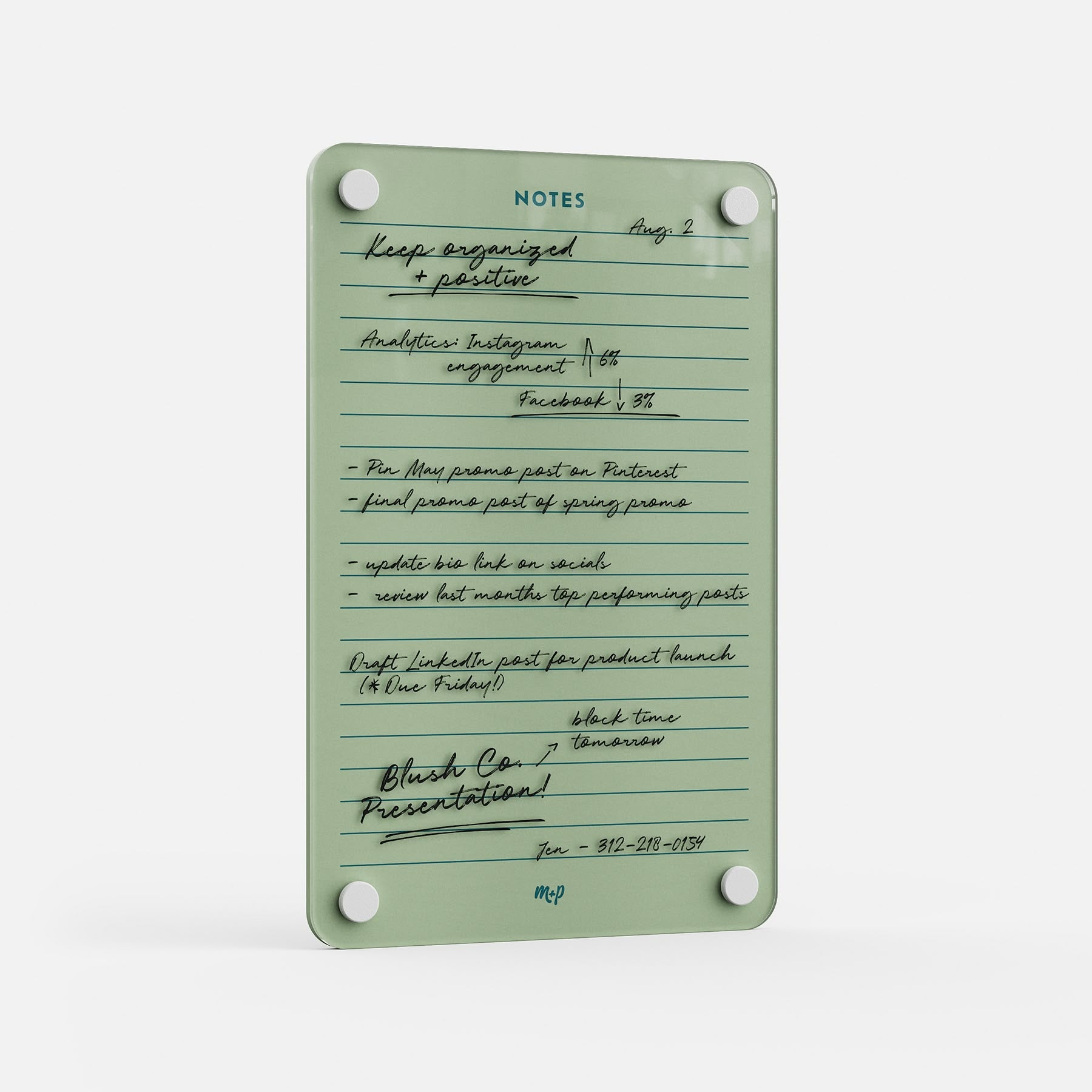 The Monkey and Pebbles Lined Notes 69 is a premium acrylic erasable green board, reusable with black marker notes, four white magnets.