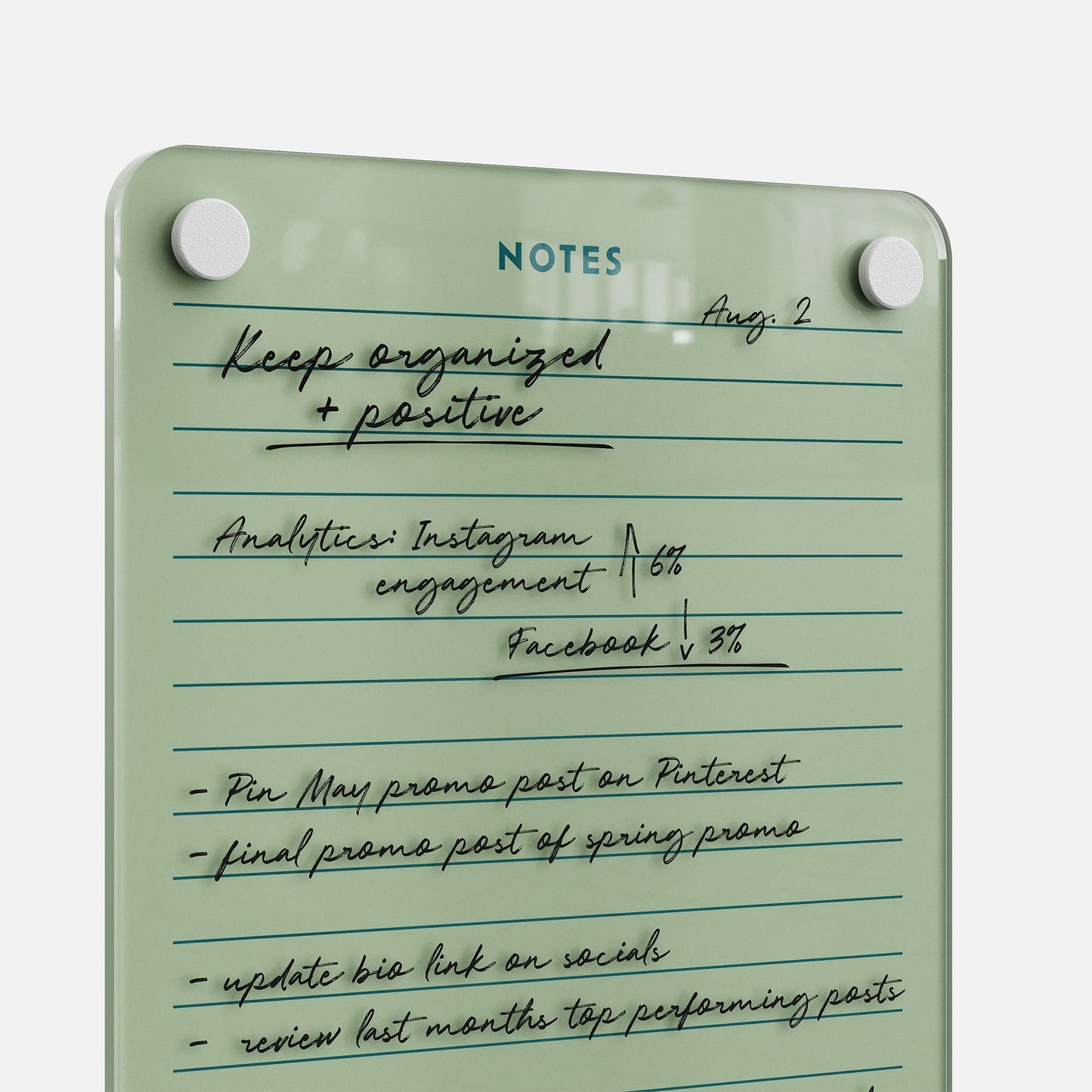 Premium acrylic erasable and reusable planning board with list, analytics, marketing tasks, NOTES header, and Aug. 2 date visible.