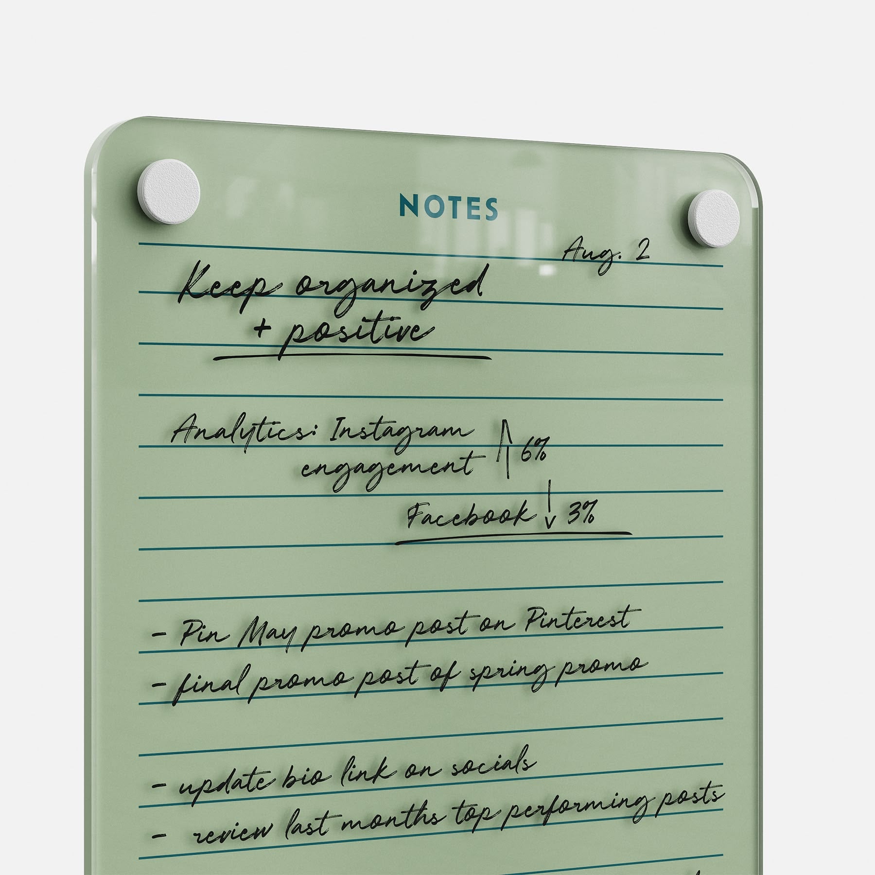 Premium acrylic erasable and reusable planning board with list, analytics, marketing tasks, NOTES header, and Aug. 2 date visible.