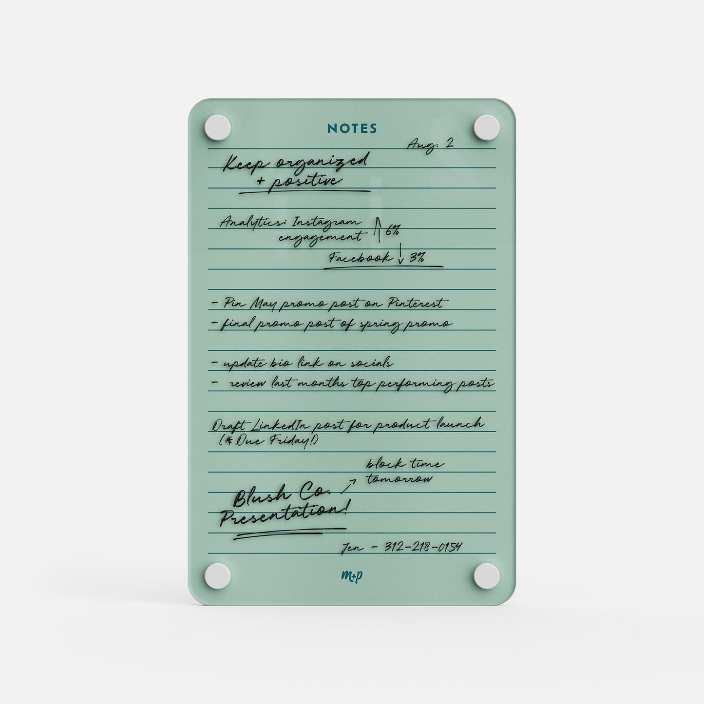 Premium acrylic erasable and reusable planner board in green, titled NOTES, with to-do lists for social tasks and presentations.
