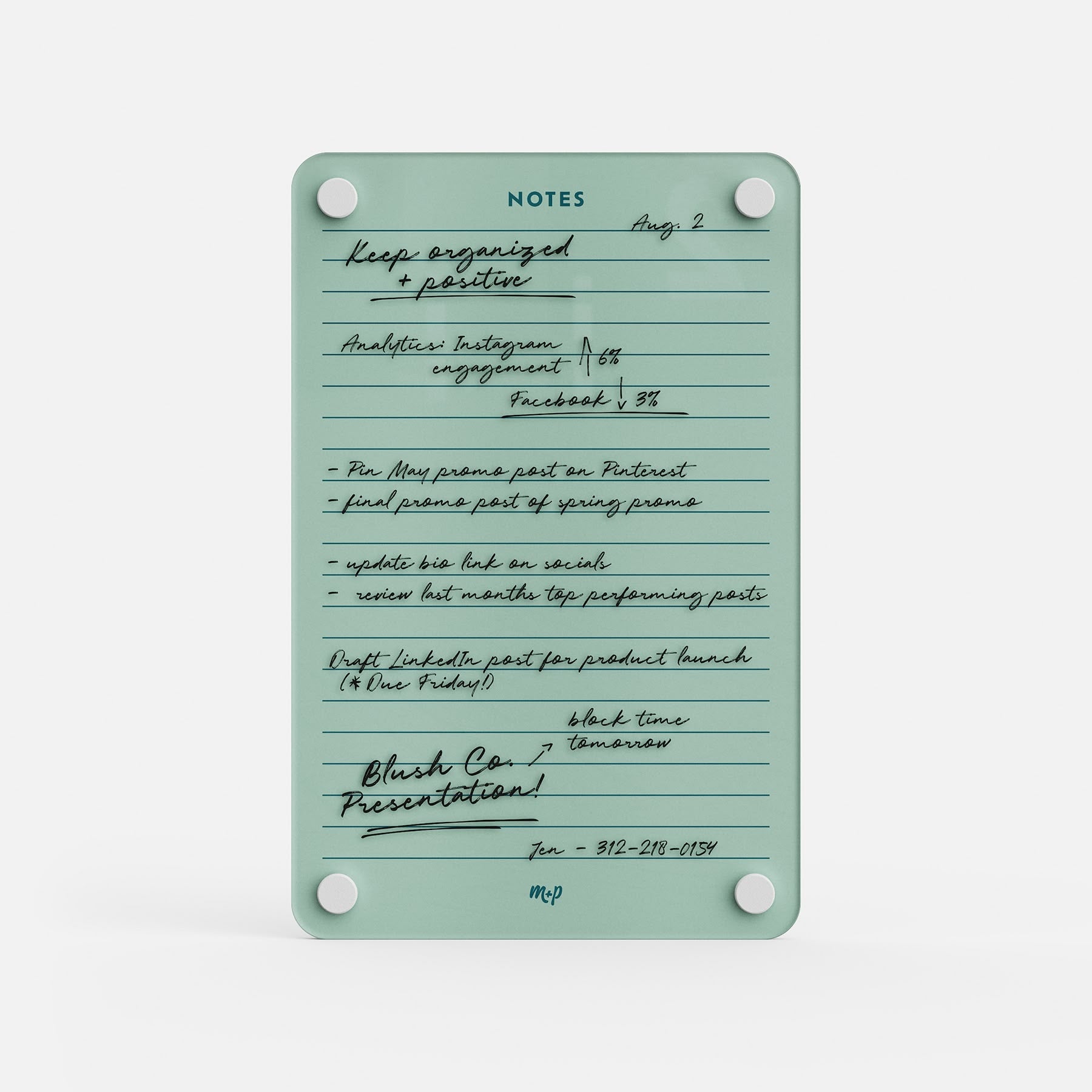 Premium acrylic erasable and reusable planner board in green, titled NOTES, with to-do lists for social tasks and presentations.