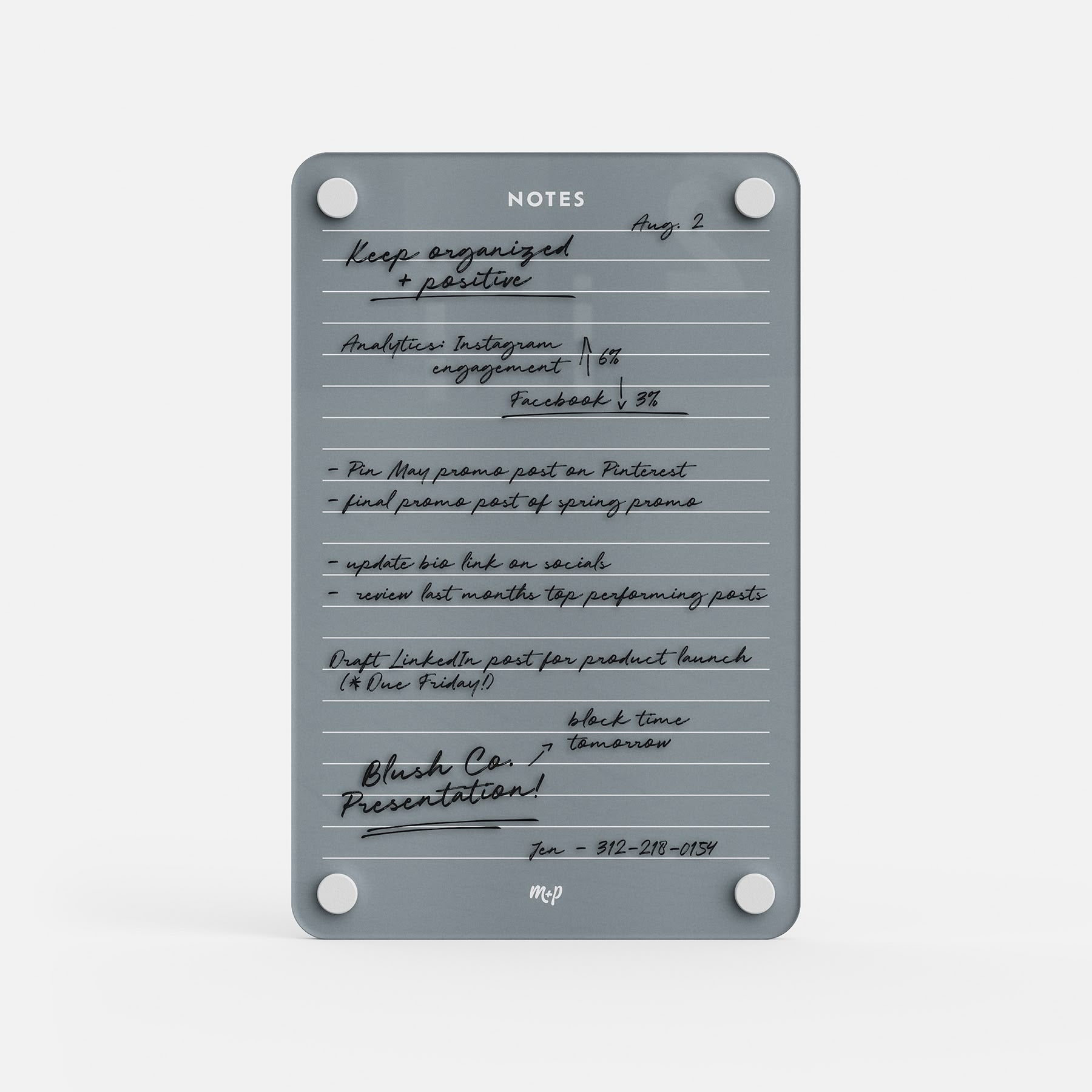 The Monkey and Pebbles Lined Notes 69 is a premium gray acrylic board, erasable and reusable for planning lists and schedules in black ink.