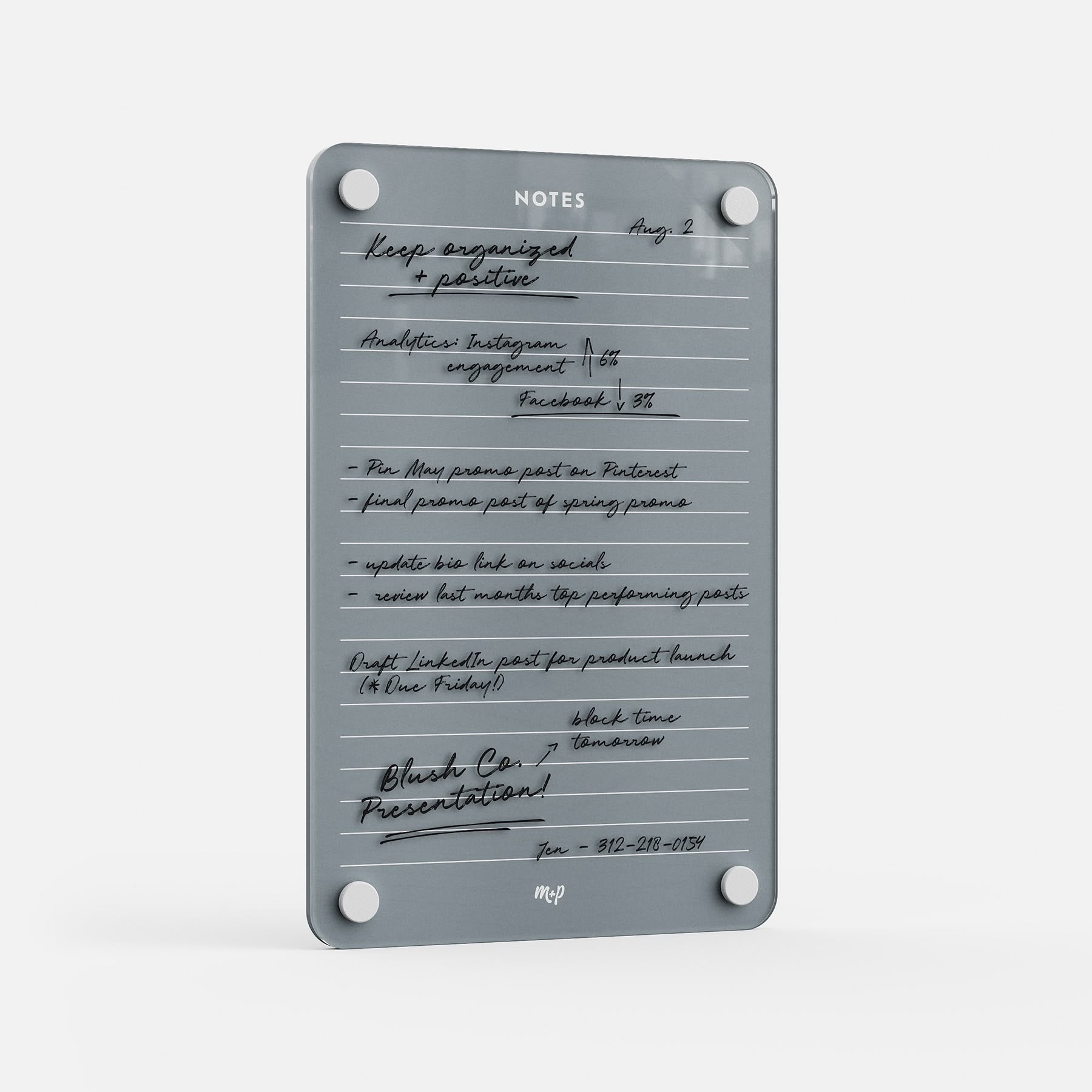 Premium acrylic planning board with four rounded corners, erasable and reusable, perfect for tracking projects and social analytics.