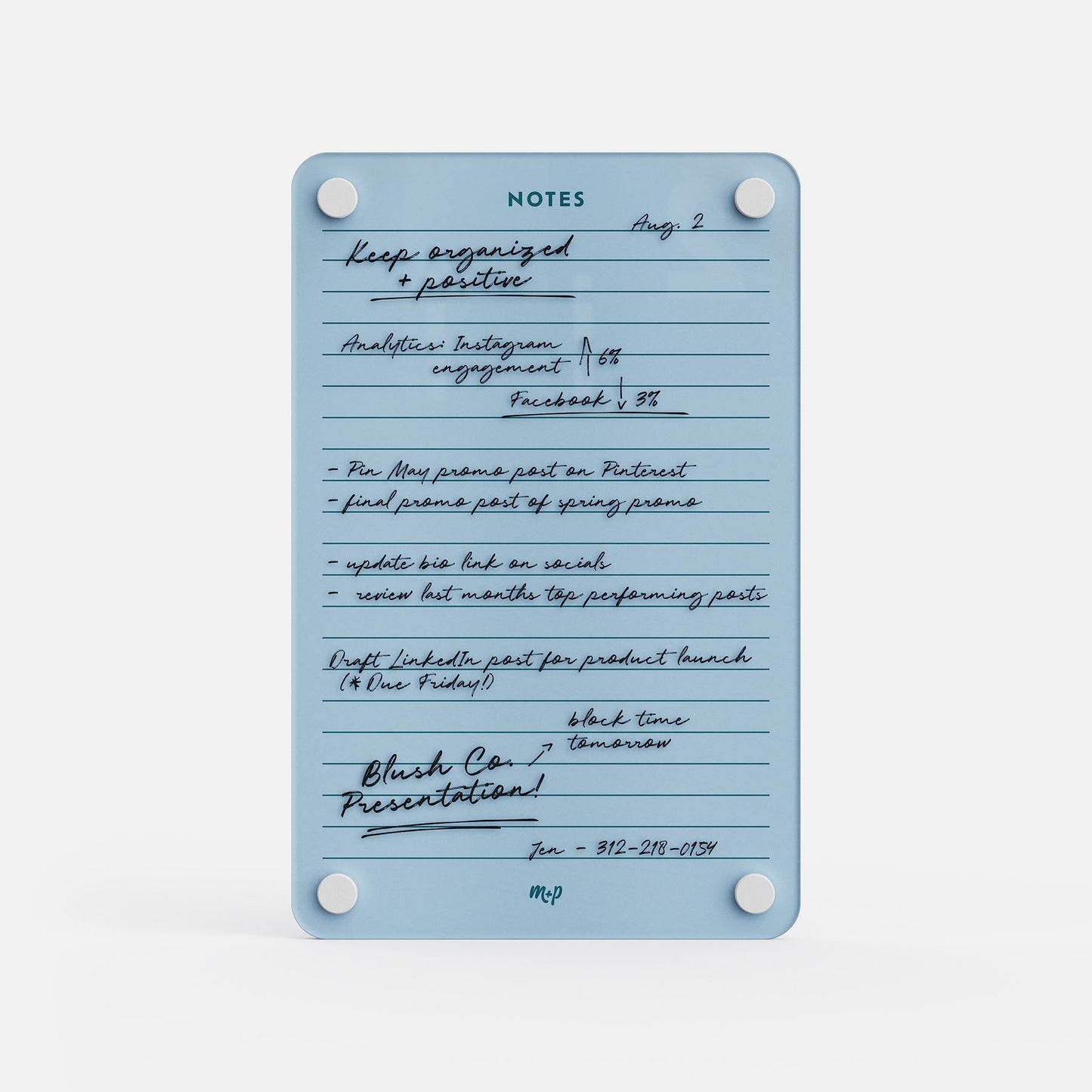The Monkey and Pebbles Lined Notes 69, a premium blue acrylic erasable and reusable planner for social media, blogs, launches, and reminders.