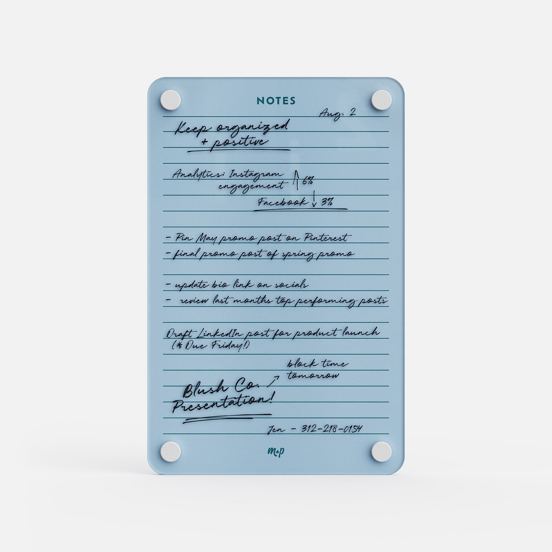 The Monkey and Pebbles Lined Notes 69, a premium blue acrylic erasable and reusable planner for social media, blogs, launches, and reminders.