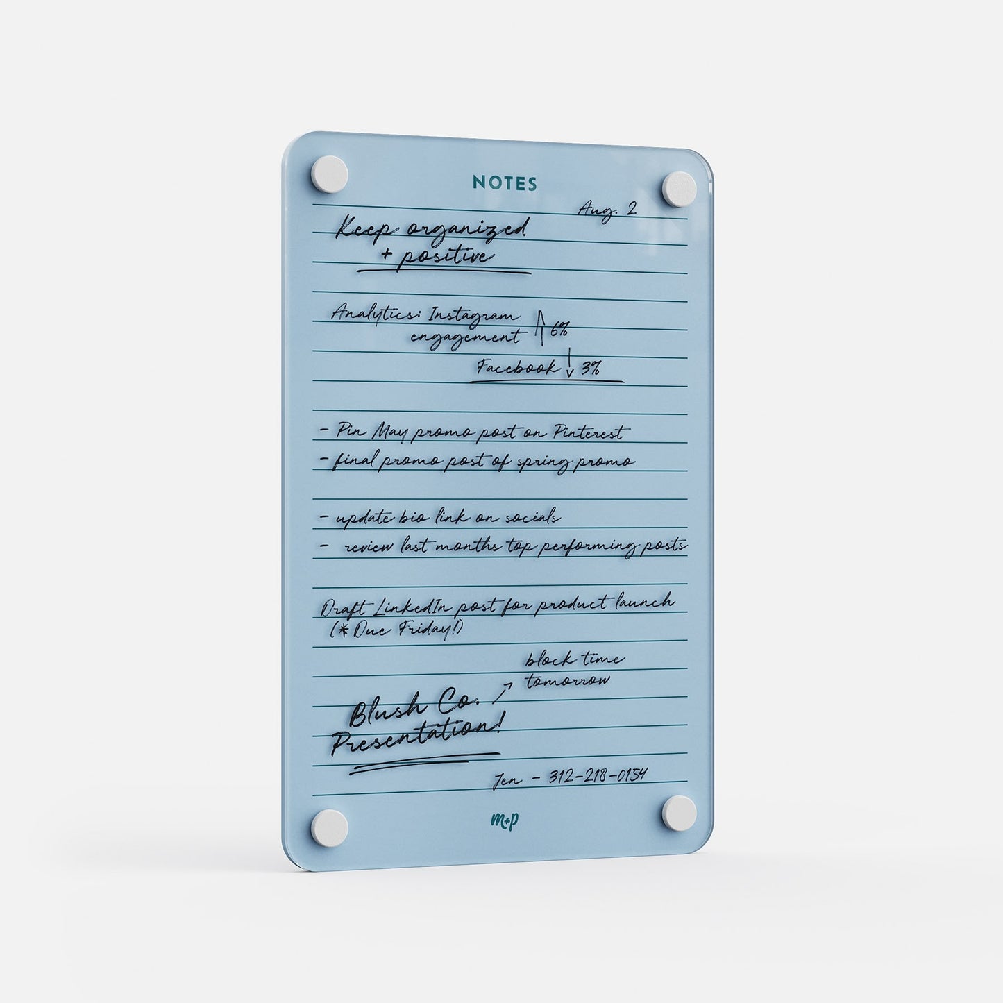 Premium blue acrylic planner board titled "NOTES," erasable and reusable, with lined sections and four secure corner magnets.