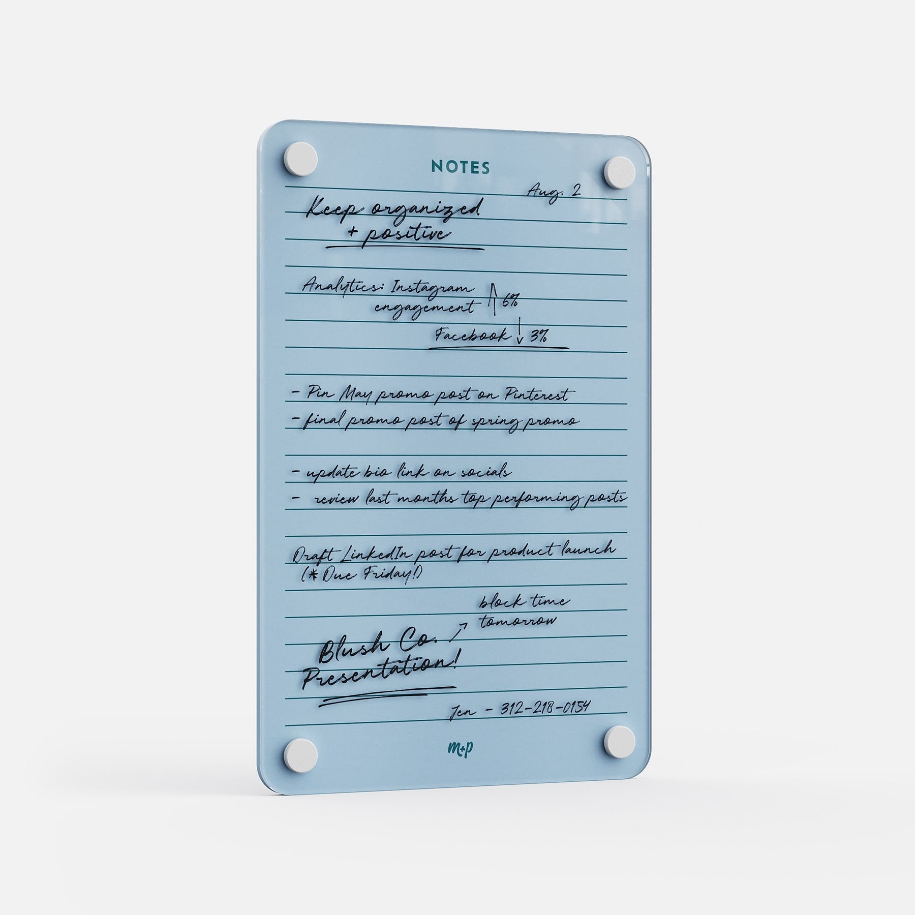 Premium blue acrylic planner board titled "NOTES," erasable and reusable, with lined sections and four secure corner magnets.