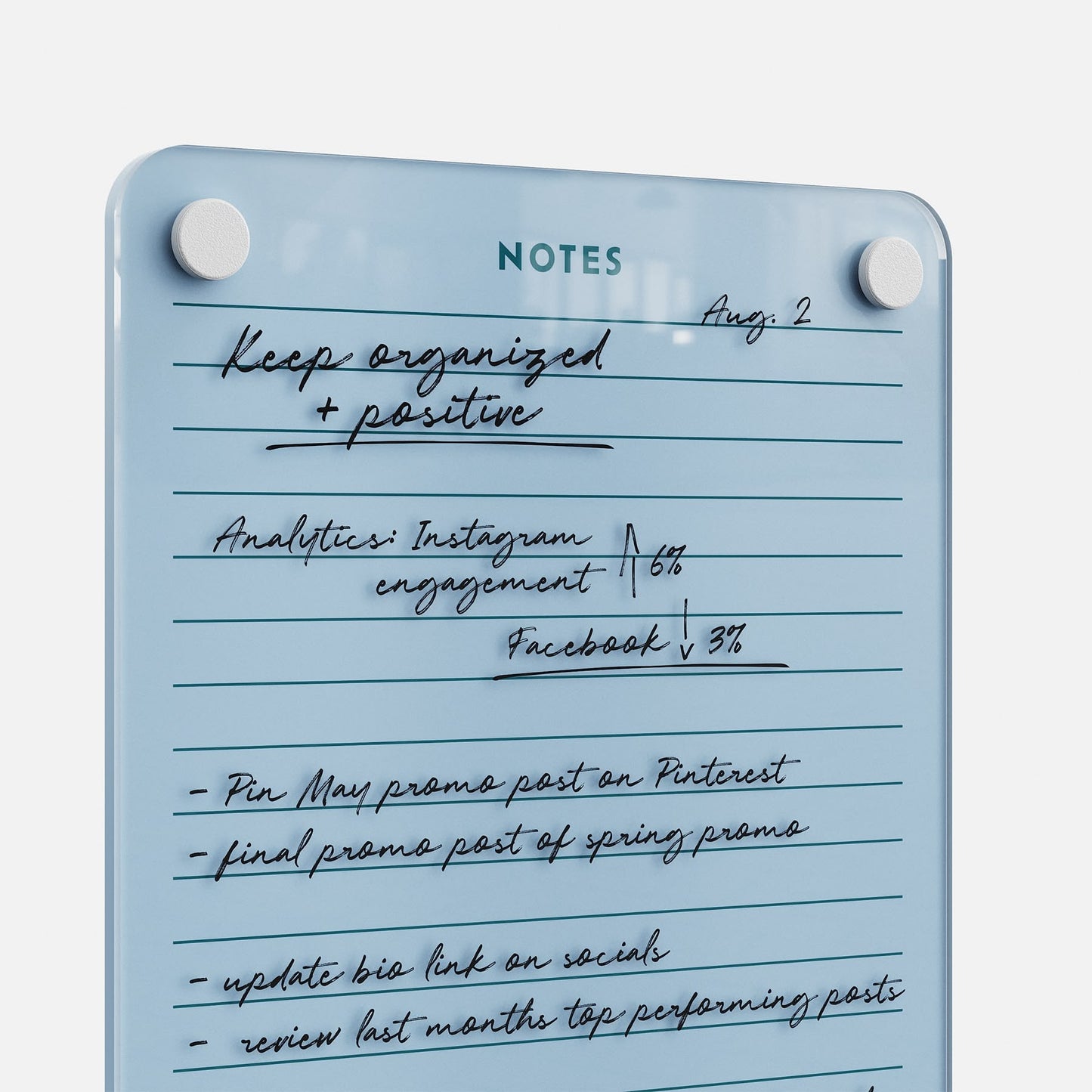 Premium acrylic blue magnetic erasable planner with lined notes, reusable surface, and organized reminders under "NOTES" dated Aug. 2.